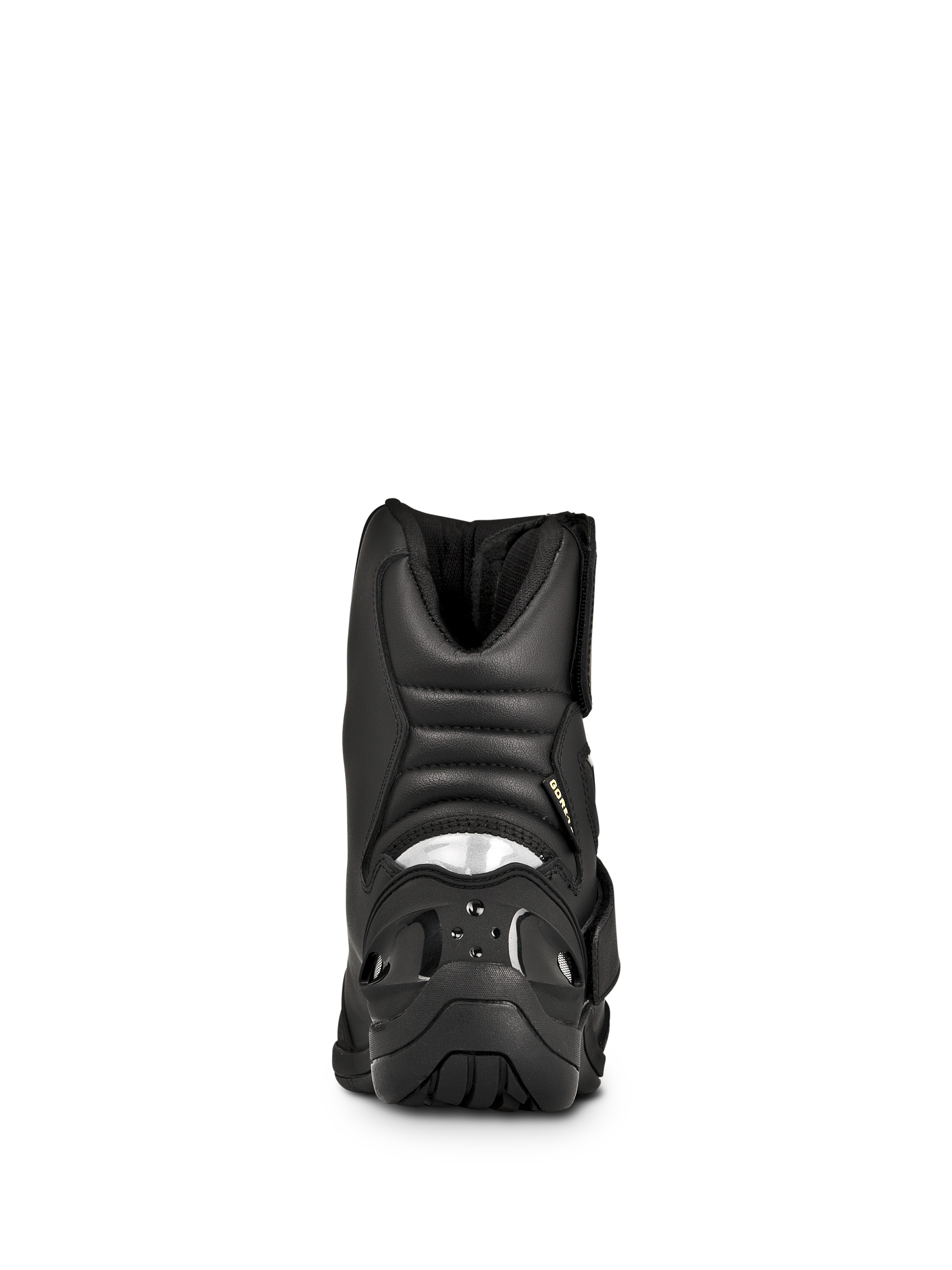 Buty Alpinestars New Land GORE-TEX, turystyczne buty motocyklowe, czarne, widok z tyłu przedstawiający wyściełane harmonijkowe strefy elastyczne, odblaskową wstawkę na pięcie i wytrzymałą gumową podeszwę zewnętrzną.