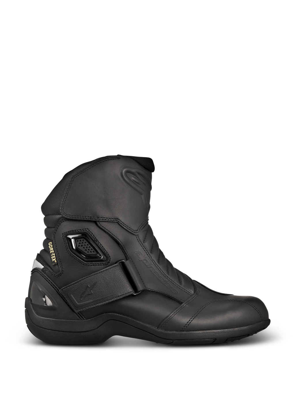 Alpinestars New Land GORE-TEX Boots, czarne buty motocyklowe turystyczne, profil boczny, skóra licowa, pasek na rzep na kostce, logo GORE-TEX i wzmocniona pięta zapewniająca wodoodporność