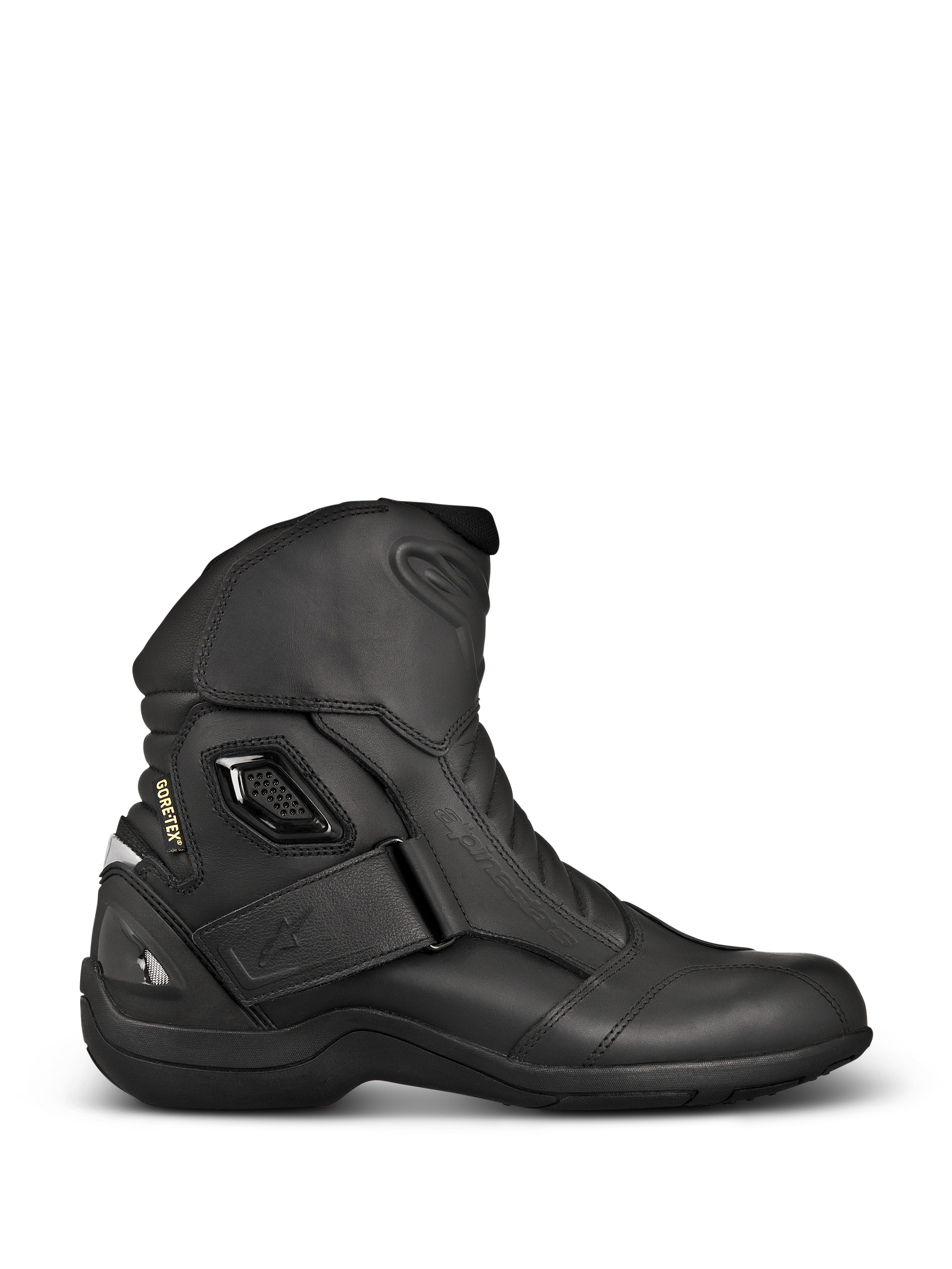 Alpinestars New Land GORE-TEX Boots, Black motorcycle touring boots, side profile featuring full-grain leather, Velcro ankle strap, GORE-TEX branding, and reinforced heel for waterproof protection.