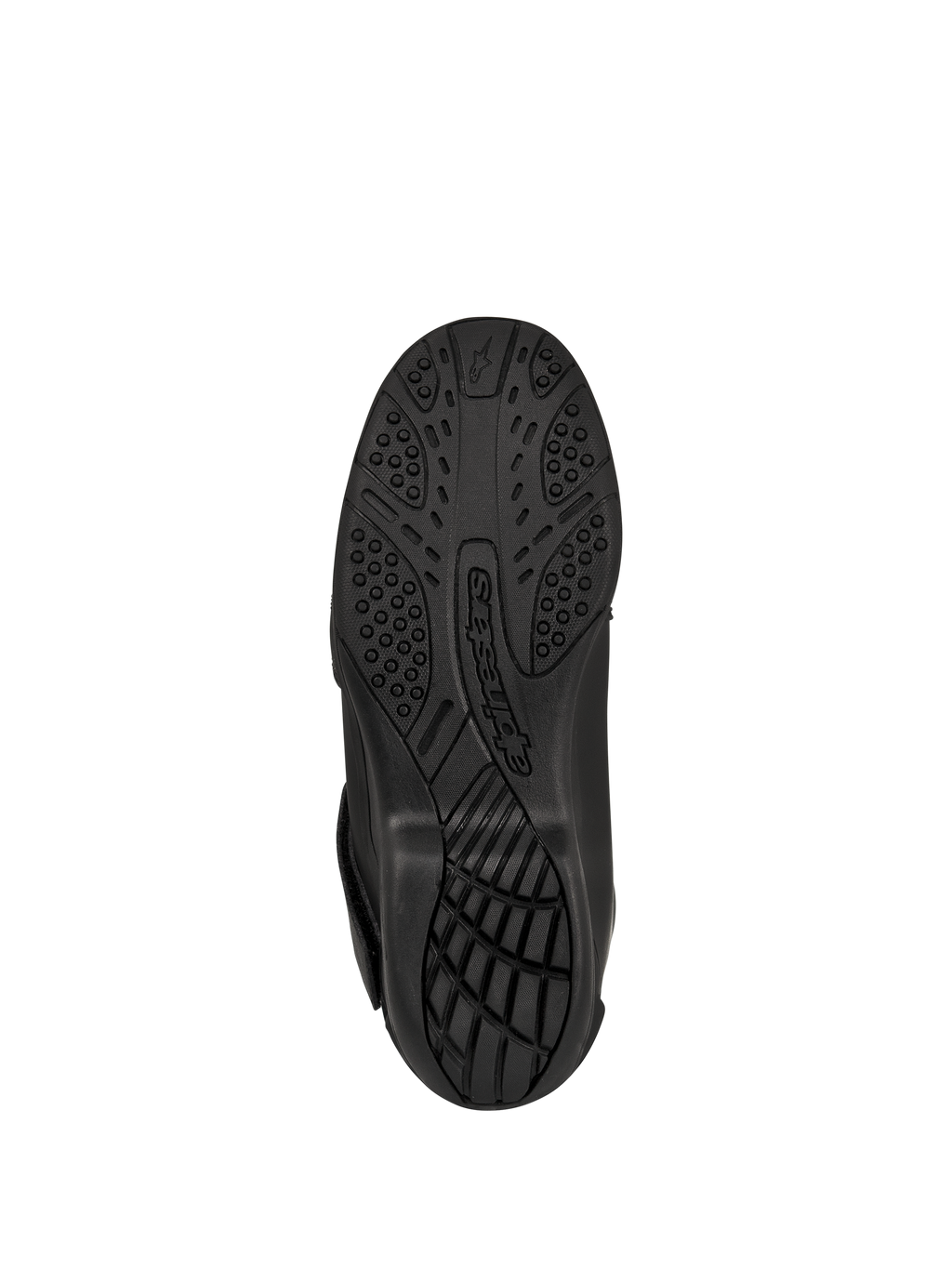 Buty Alpinestars New Land GORE-TEX, czarne, widok od dołu na podeszwę z wulkanizowanej mieszanki gumowej, teksturowany wzór bieżnika zapewniający przyczepność i trakcję, z wytłoczonym logo Alpinestars, motocyklowe obuwie szosowo-turystyczne