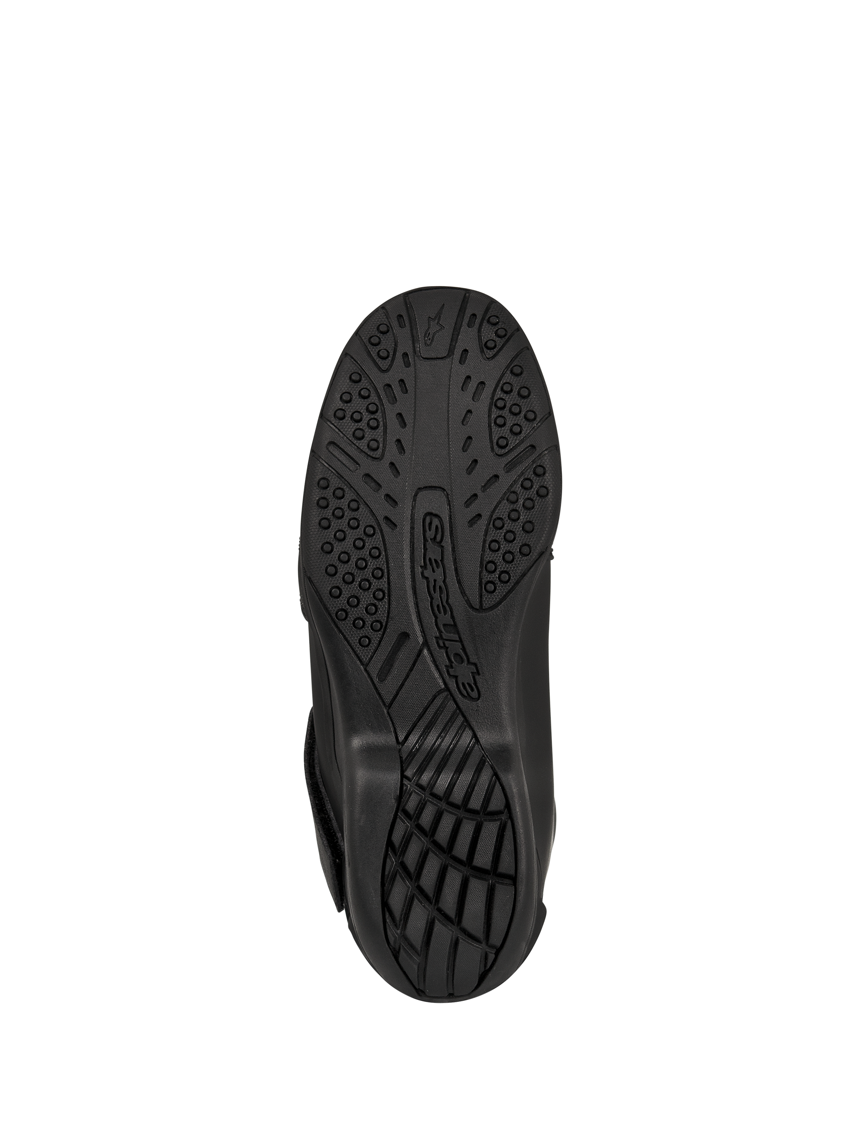 Buty Alpinestars New Land GORE-TEX, czarne, widok od dołu na podeszwę z wulkanizowanej mieszanki gumowej, teksturowany wzór bieżnika zapewniający przyczepność i trakcję, z wytłoczonym logo Alpinestars, motocyklowe obuwie szosowo-turystyczne