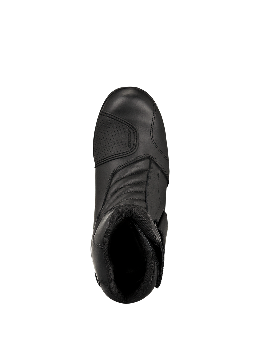 Buty Alpinestars New Land GORE-TEX, czarne, widok z góry, konstrukcja ze skóry pełnoziarnistej, przednie harmonijkowe strefy elastyczne, wzmocniona nakładka pod dźwignię zmiany biegów, średniej wysokości wodoodporne szosowe buty motocyklowe