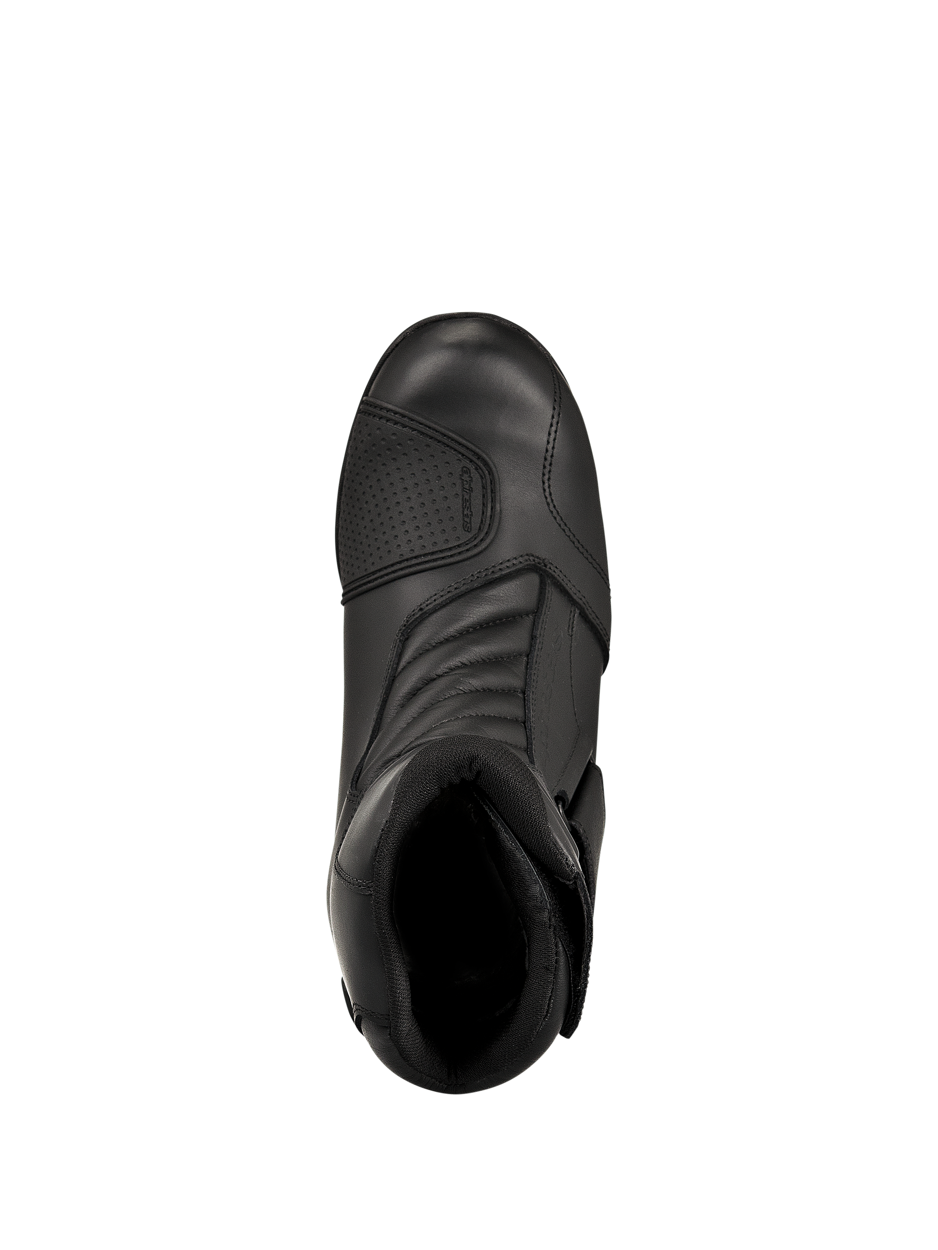 Buty Alpinestars New Land GORE-TEX, czarne, widok z góry, konstrukcja ze skóry pełnoziarnistej, przednie harmonijkowe strefy elastyczne, wzmocniona nakładka pod dźwignię zmiany biegów, średniej wysokości wodoodporne szosowe buty motocyklowe