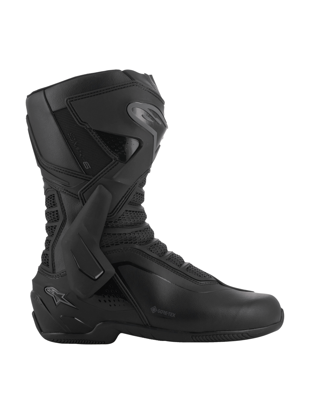 Alpinestars SMX-6 V3 GORE-TEX, buty motocyklowe, czarne i ciemnoszare, wodoodporne, boczny ochraniacz kostki TPU i nagolennik, ergonomiczna konstrukcja z mikrofibry z panelami z siatki 3D, logo GORE-TEX z boku, specjalistyczne obuwie na tor i ulicę