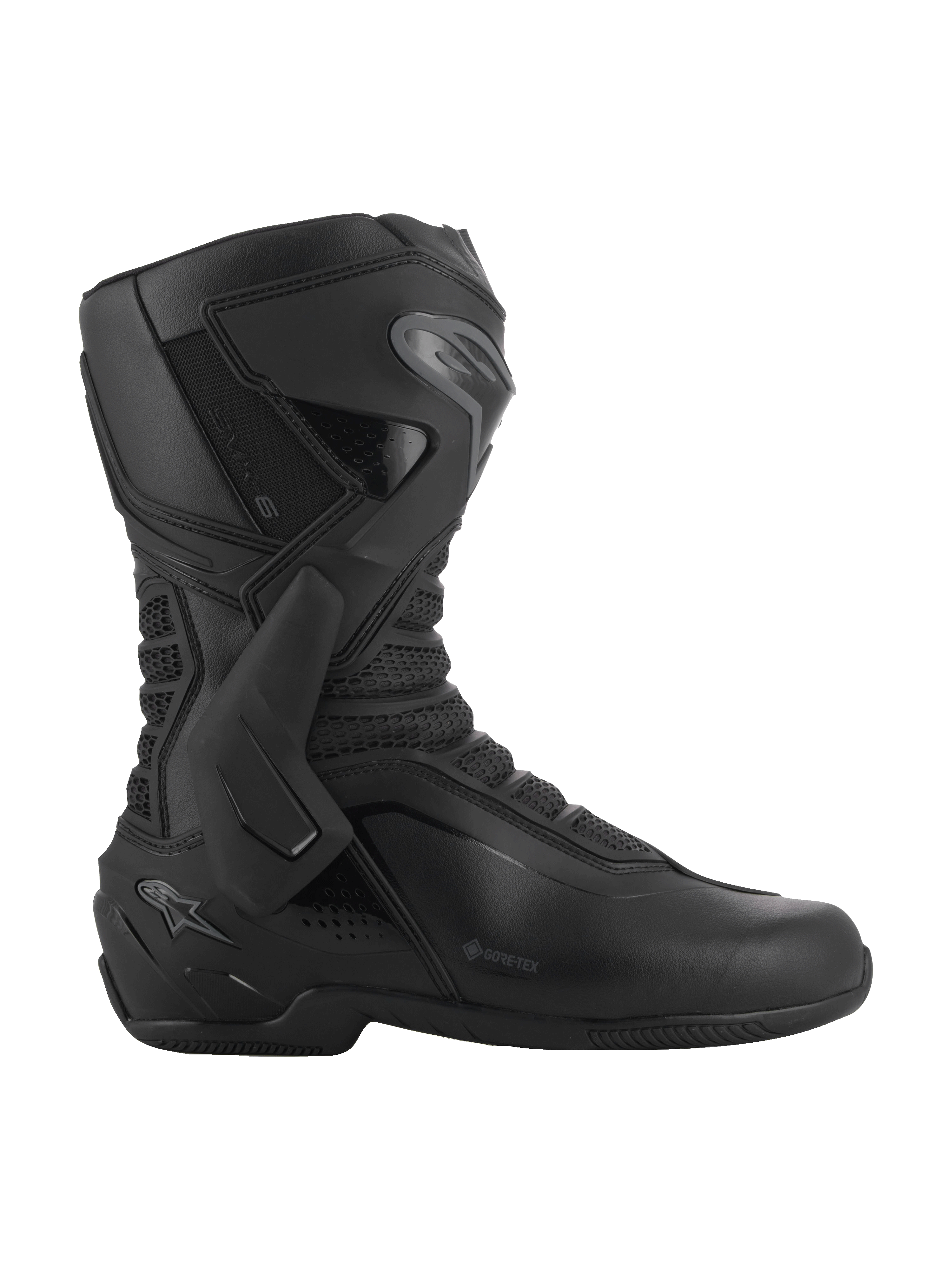 Alpinestars SMX-6 V3 GORE-TEX, buty motocyklowe, czarne i ciemnoszare, wodoodporne, boczny ochraniacz kostki TPU i nagolennik, ergonomiczna konstrukcja z mikrofibry z panelami z siatki 3D, logo GORE-TEX z boku, specjalistyczne obuwie na tor i ulicę