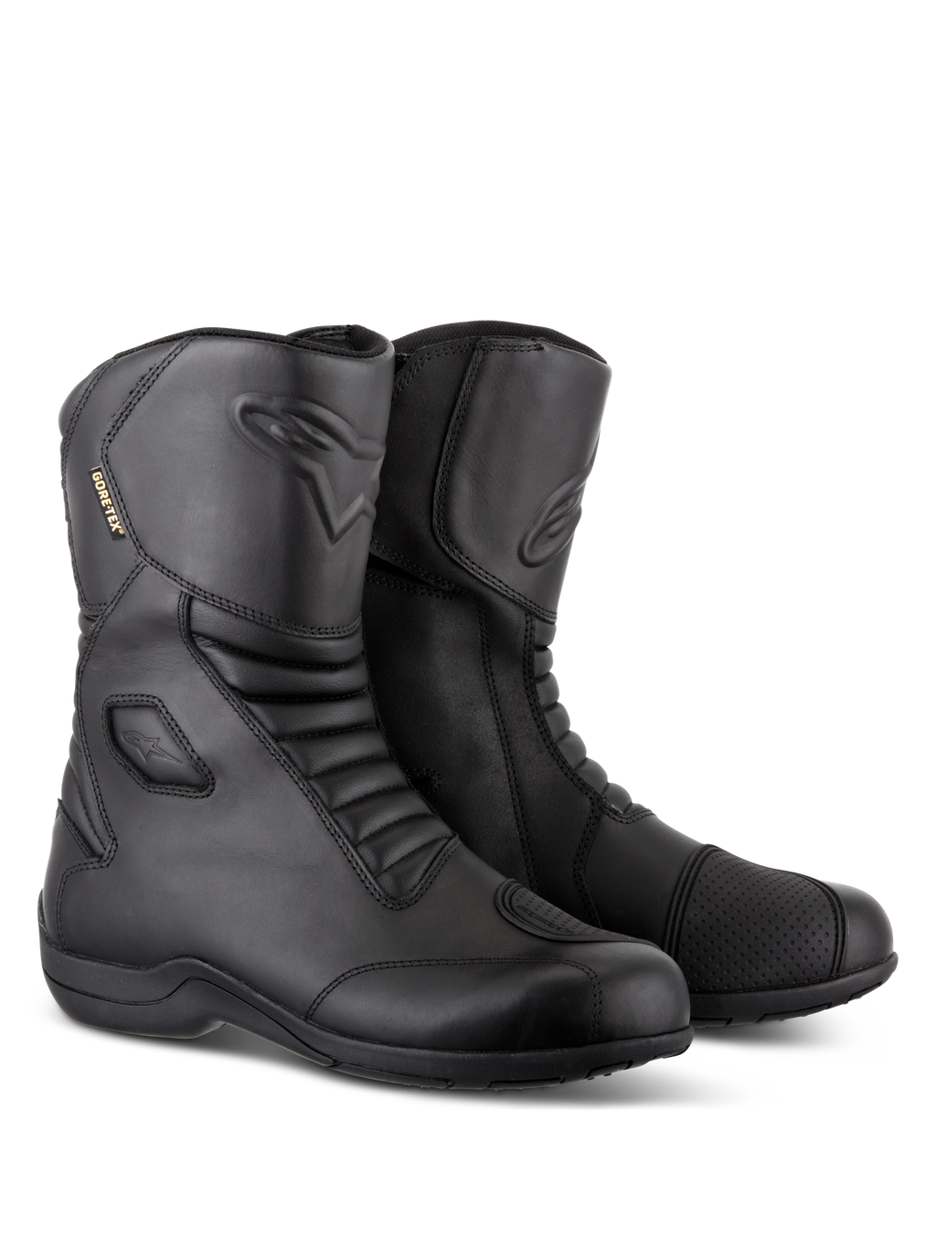 Buty Alpinestars Web GORE-TEX, czarne wodoodporne motocyklowe buty turystyczne, skórzana konstrukcja z przednimi i tylnymi elastycznymi strefami harmonijkowymi, wzmocniona nakładka na dźwignię zmiany biegów i boczny system wkładania stopy do jazdy szosowej.
