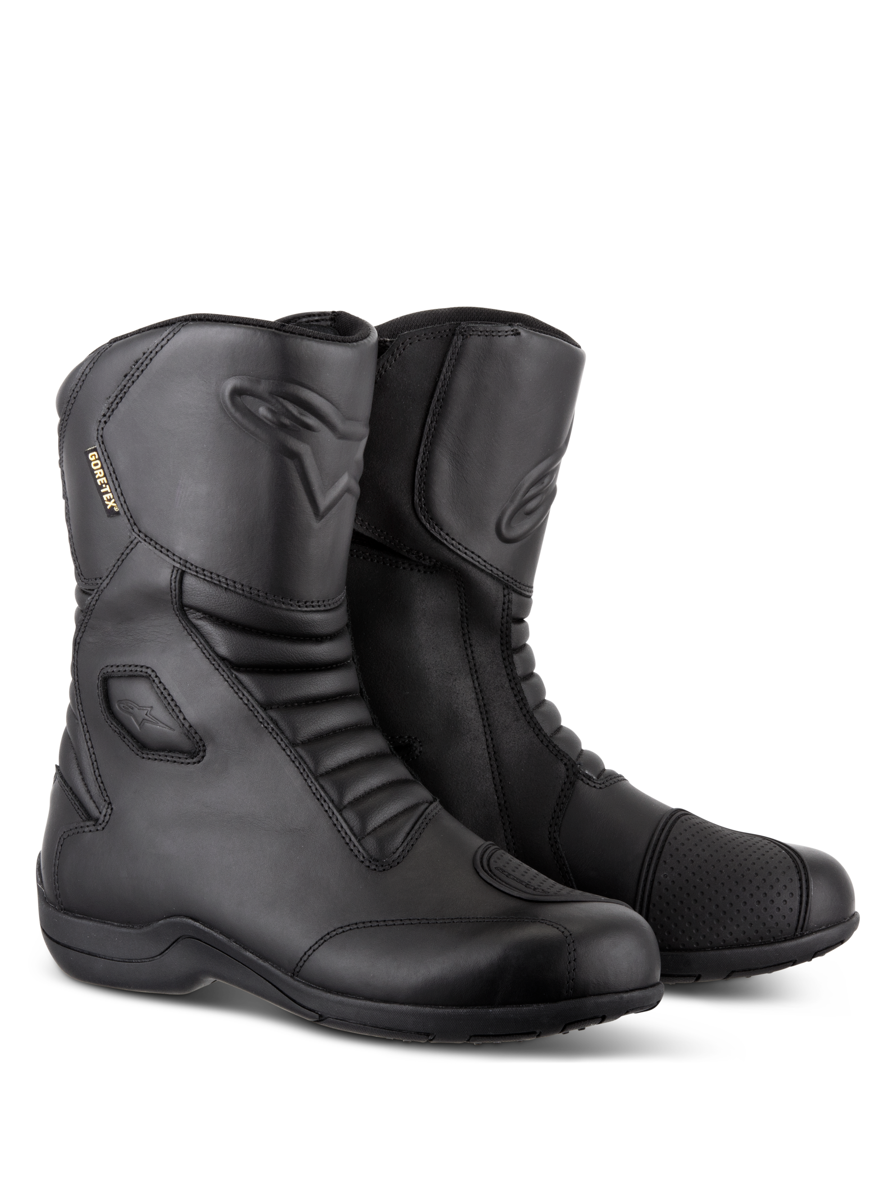 Buty Alpinestars Web GORE-TEX, czarne wodoodporne motocyklowe buty turystyczne, skórzana konstrukcja z przednimi i tylnymi elastycznymi strefami harmonijkowymi, wzmocniona nakładka na dźwignię zmiany biegów i boczny system wkładania stopy do jazdy szosowej.