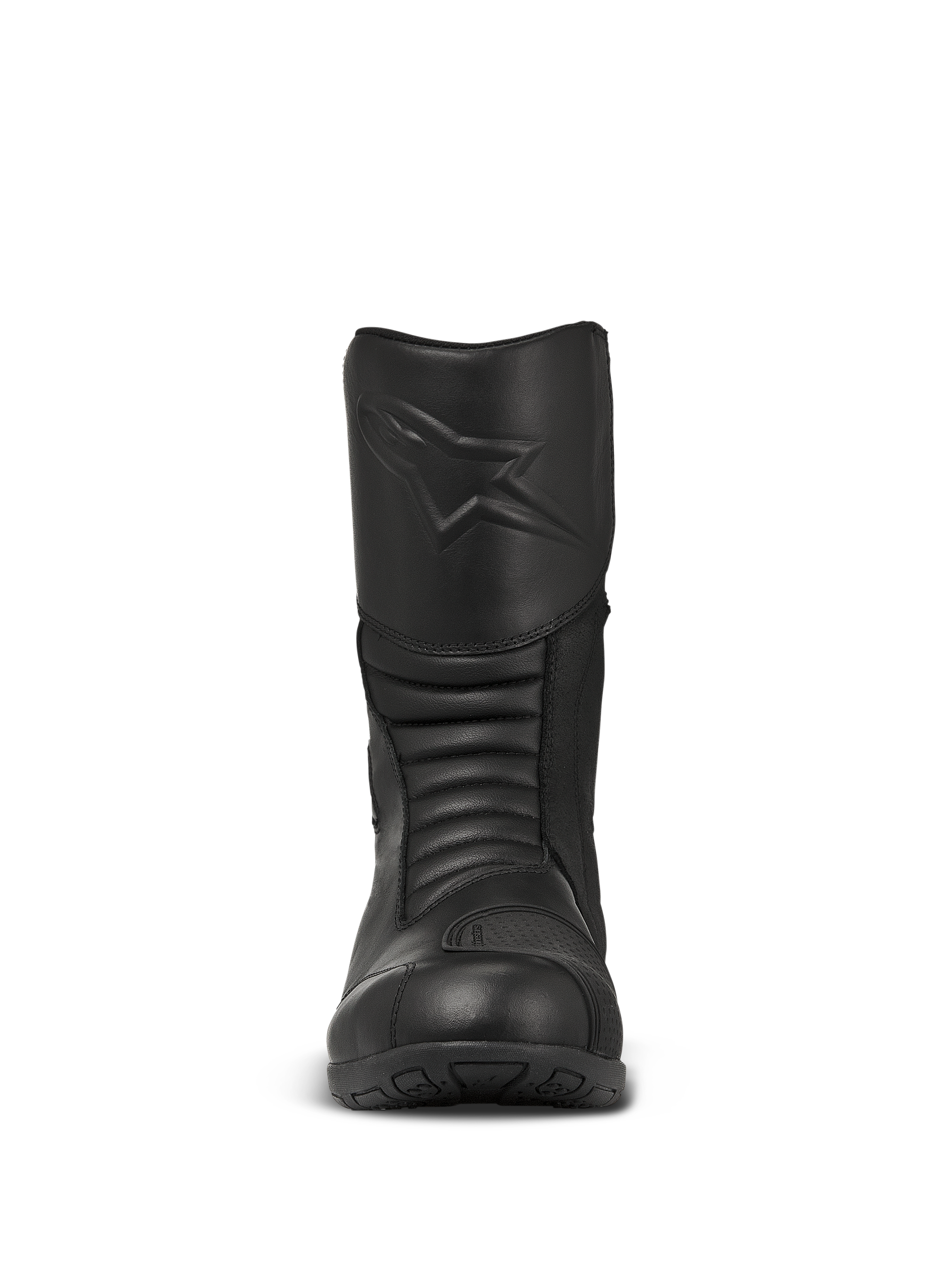 Buty Alpinestars Web GORE-TEX, czarne motocyklowe buty turystyczne, widok z przodu z wytłoczonym logo gwiazdy na goleni, harmonijkowe strefy elastyczne dla lepszej manewrowości, wytrzymała skórzana konstrukcja.