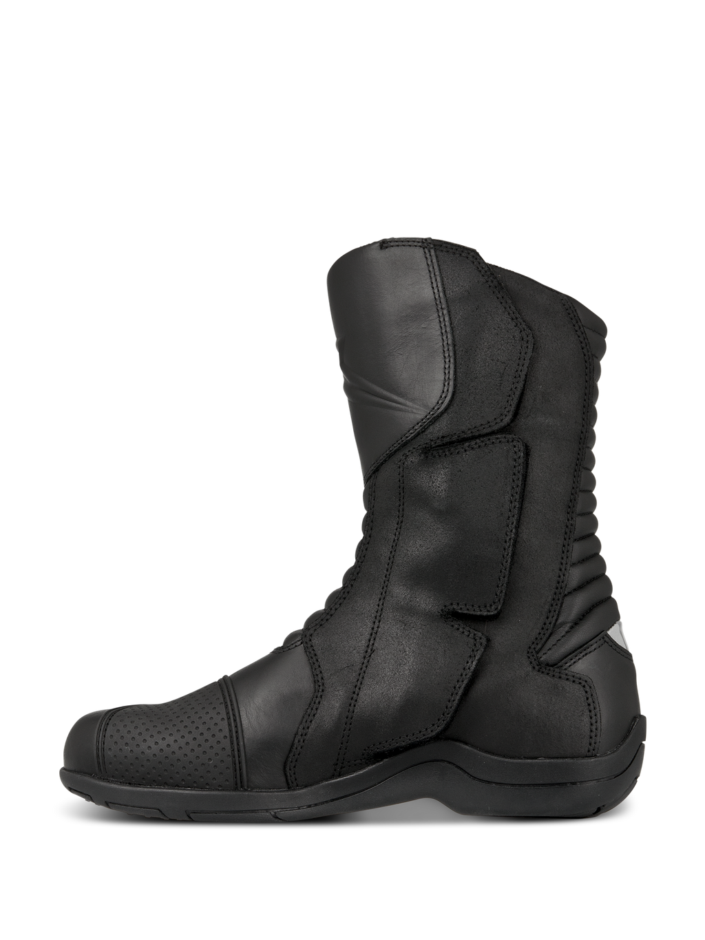 Alpinestars Web GORE-TEX Boots, turystyczne buty motocyklowe, czarne, widok z boku prezentujący skórzaną konstrukcję, boczny system wkładania z dużą klapą zapięcia oraz tylne harmonijkowe strefy elastyczne dla lepszej manewrowości.