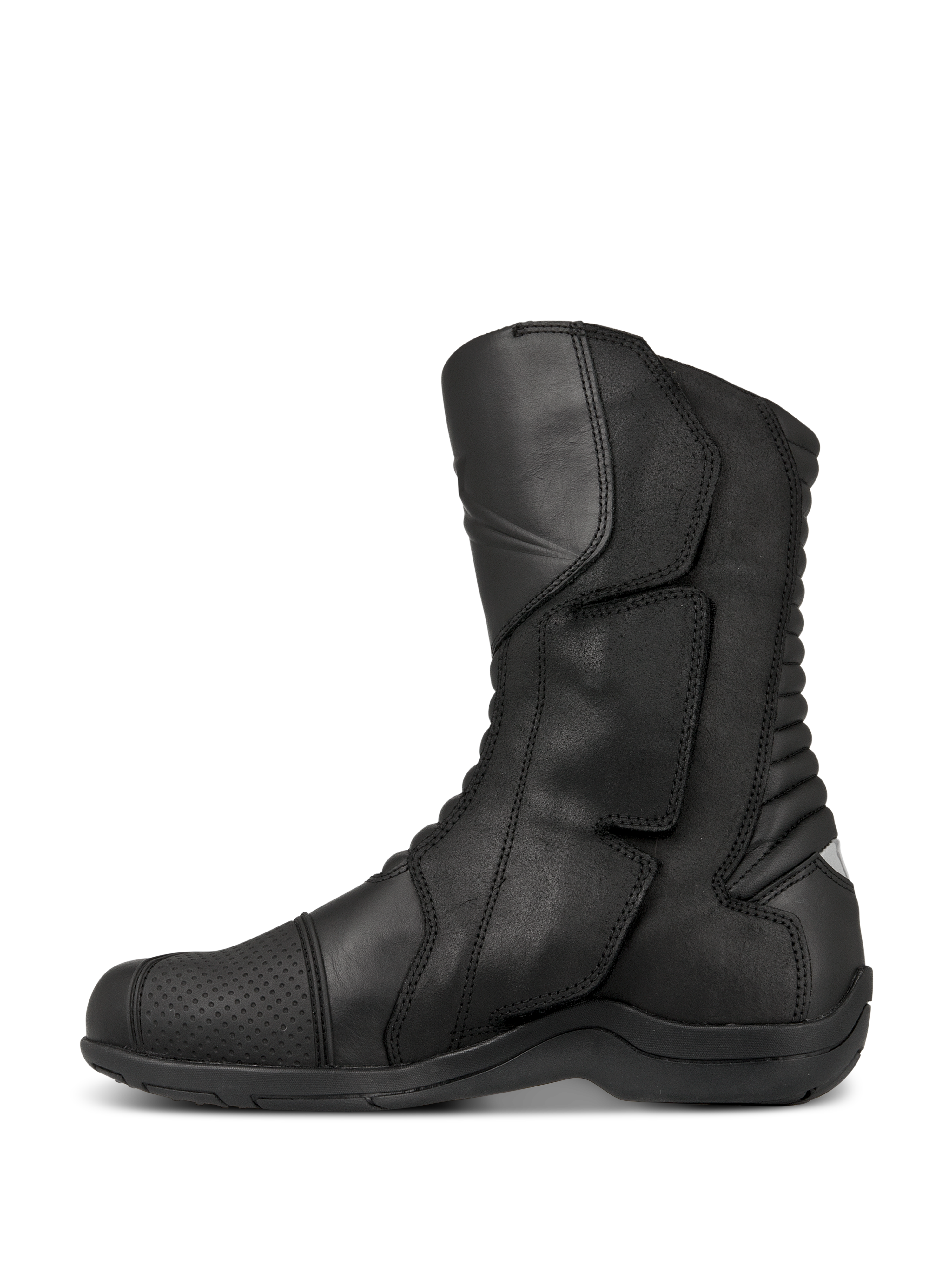 Alpinestars Web GORE-TEX Boots, turystyczne buty motocyklowe, czarne, widok z boku prezentujący skórzaną konstrukcję, boczny system wkładania z dużą klapą zapięcia oraz tylne harmonijkowe strefy elastyczne dla lepszej manewrowości.