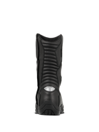 Buty Alpinestars Web GORE-TEX, wodoodporne motocyklowe buty turystyczne, czarne, widok z tyłu przedstawiający harmonijkowe strefy elastyczne i odblaskową wstawkę na pięcie dla lepszej widoczności w nocy, wytrzymała skórzana konstrukcja z solidną podeszwą