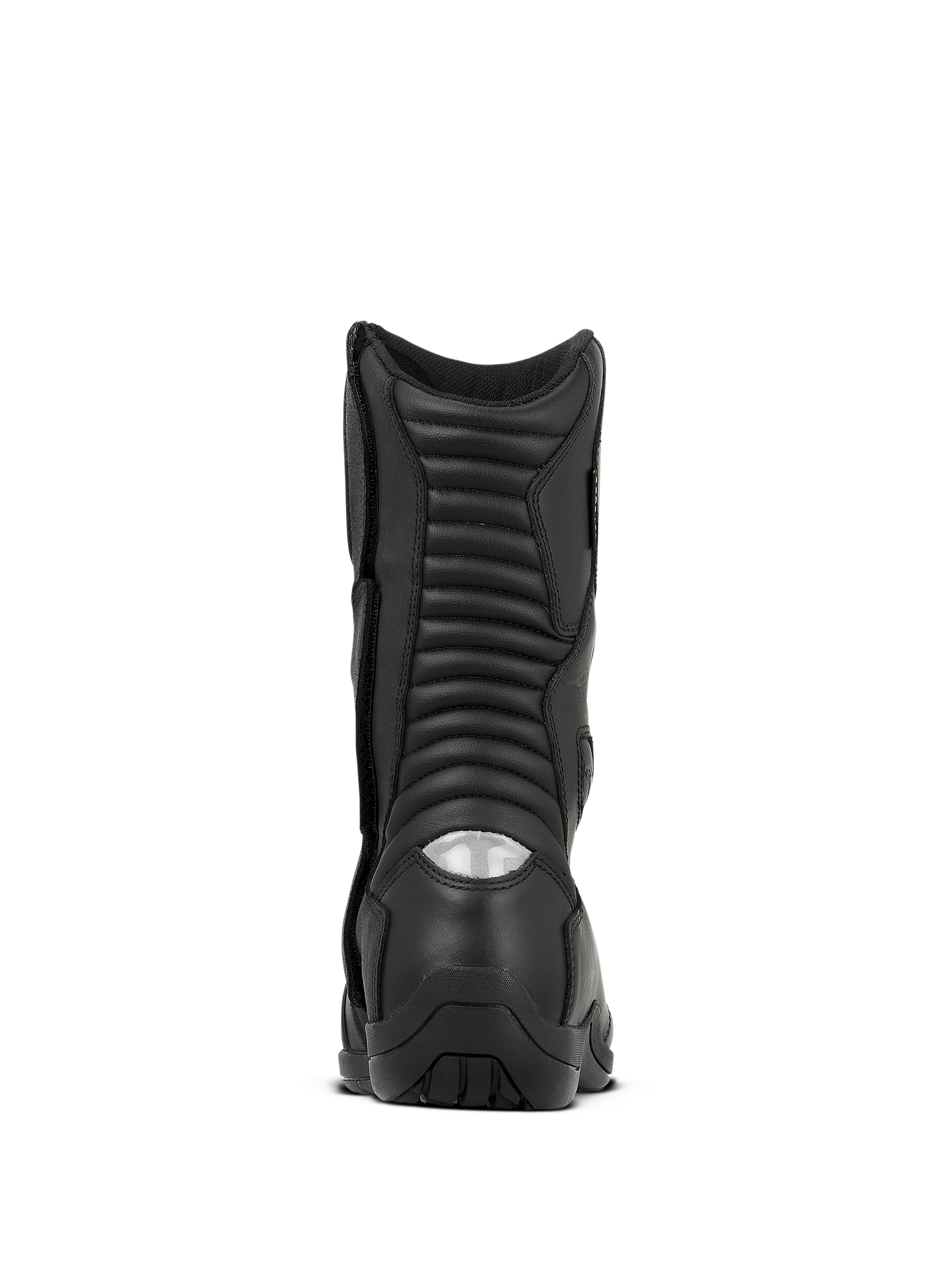 Buty Alpinestars Web GORE-TEX, wodoodporne motocyklowe buty turystyczne, czarne, widok z tyłu przedstawiający harmonijkowe strefy elastyczne i odblaskową wstawkę na pięcie dla lepszej widoczności w nocy, wytrzymała skórzana konstrukcja z solidną podeszwą