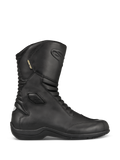 Alpinestars Web GORE-TEX Boots, czarne skórzane buty motocyklowe turystyczne, widok z profilu, wodoodporna membrana GORE-TEX, wzmocniona ochrona kostek i palców, przednie i tylne panele harmonijkowe, wytrzymała gumowa podeszwa, stylowy sprzęt szosowy na każdą pogodę