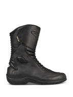 Alpinestars Web GORE-TEX Boots, czarne skórzane buty motocyklowe turystyczne, widok z profilu, wodoodporna membrana GORE-TEX, wzmocniona ochrona kostek i palców, przednie i tylne panele harmonijkowe, wytrzymała gumowa podeszwa, stylowy sprzęt szosowy na każdą pogodę