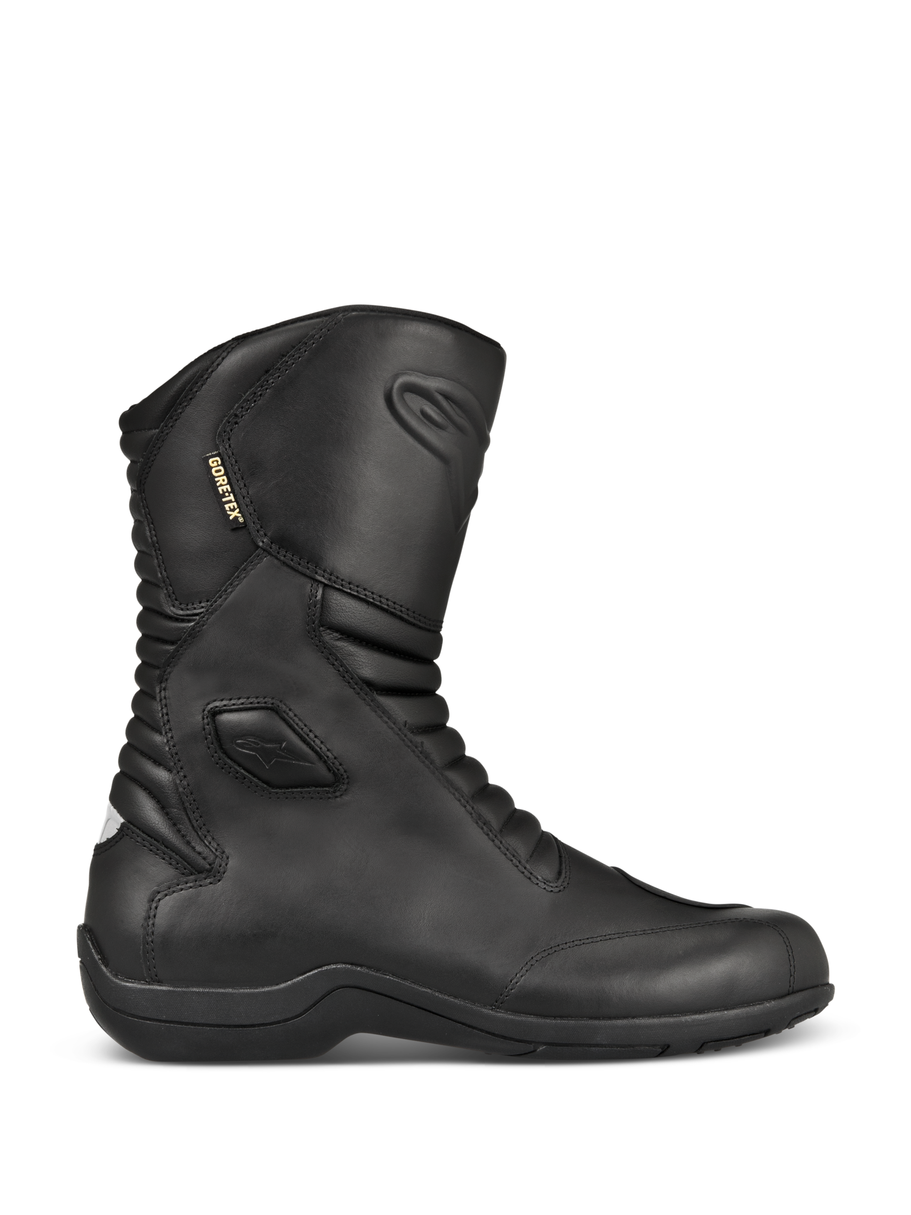 Alpinestars Web GORE-TEX Boots, czarne skórzane buty motocyklowe turystyczne, widok z profilu, wodoodporna membrana GORE-TEX, wzmocniona ochrona kostek i palców, przednie i tylne panele harmonijkowe, wytrzymała gumowa podeszwa, stylowy sprzęt szosowy na każdą pogodę