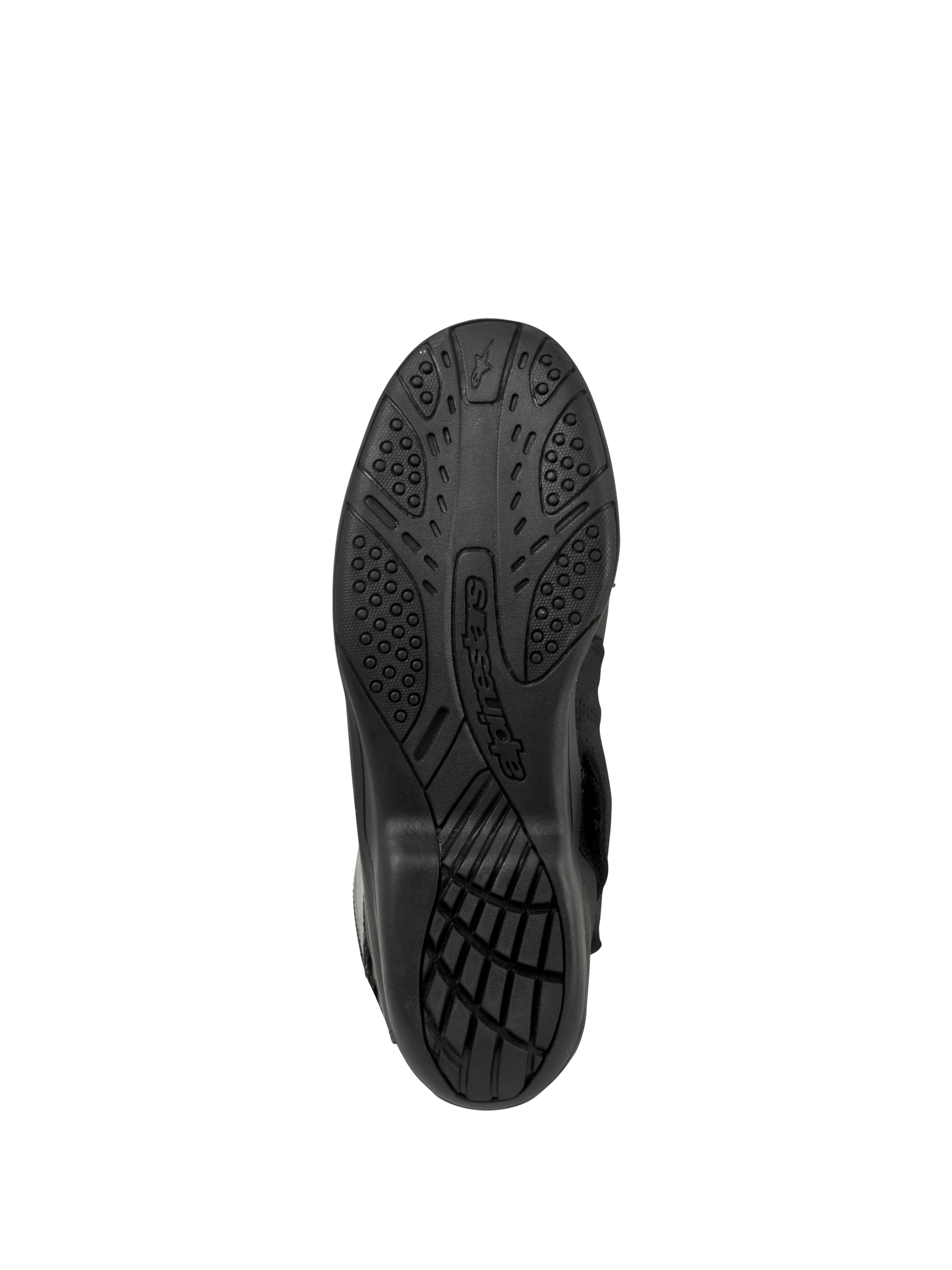 Buty Alpinestars Web GORE-TEX, motocyklowe buty turystyczne, czarne, widok podeszwy od dołu z teksturowanym gumowym bieżnikiem zapewniającym przyczepność oraz brandingiem Alpinestars