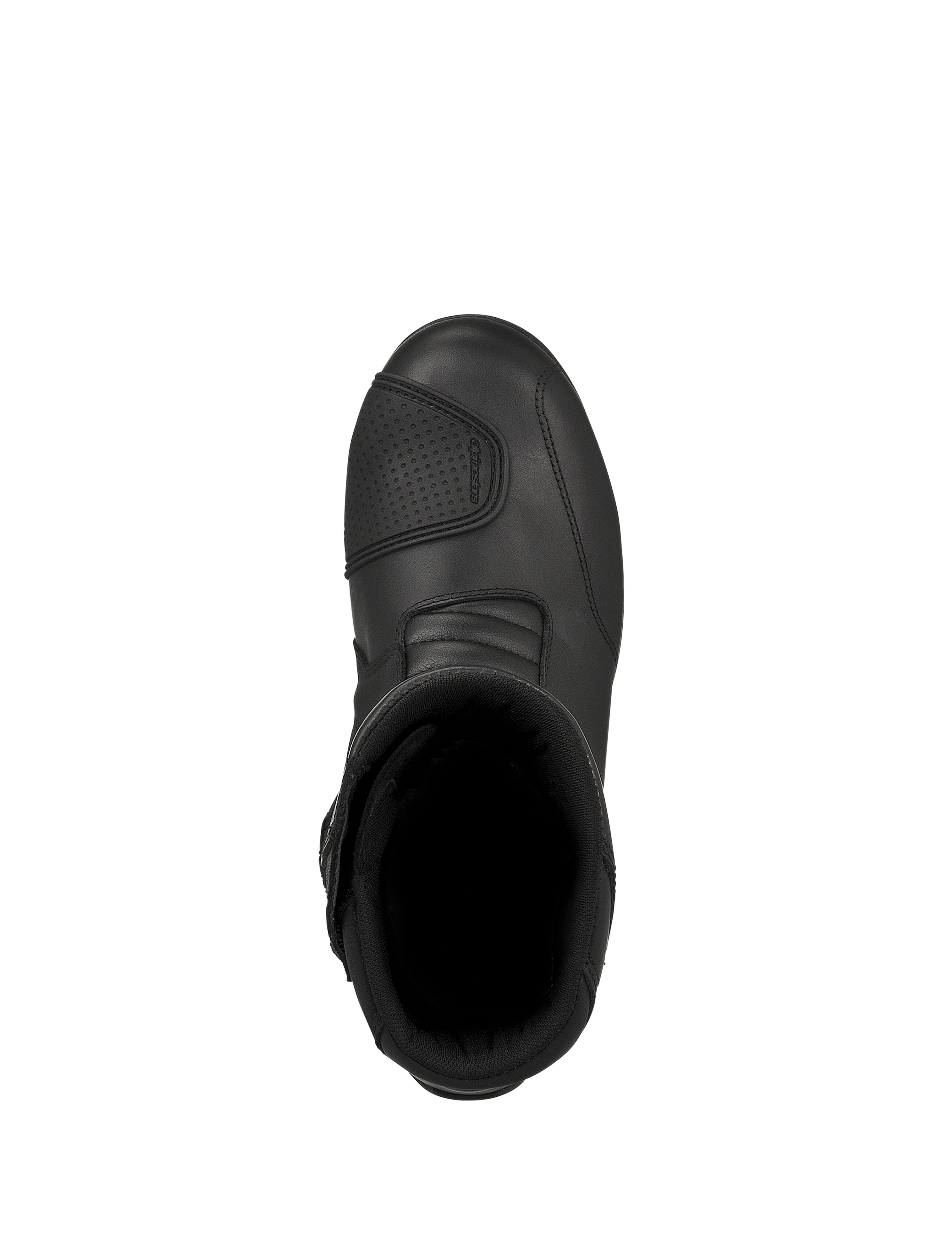 Buty Alpinestars Web GORE-TEX, czarne motocyklowe buty turystyczne, widok z góry pokazujący otwór wewnętrzny i teksturowane wzmocnienie pod dźwignię zmiany biegów, wytrzymała skórzana konstrukcja do jazdy szosowej
