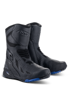 Buty Alpinestars RT-8 GORE-TEX, motocyklowe buty turystyczne, czarno-niebieskie, cholewka z technicznej mikrofibry i materiału syntetycznego, niebieska podeszwa z bieżnikiem zapewniająca przyczepność, wodoodporna konstrukcja GORE-TEX, ochrona goleni i pięty.
