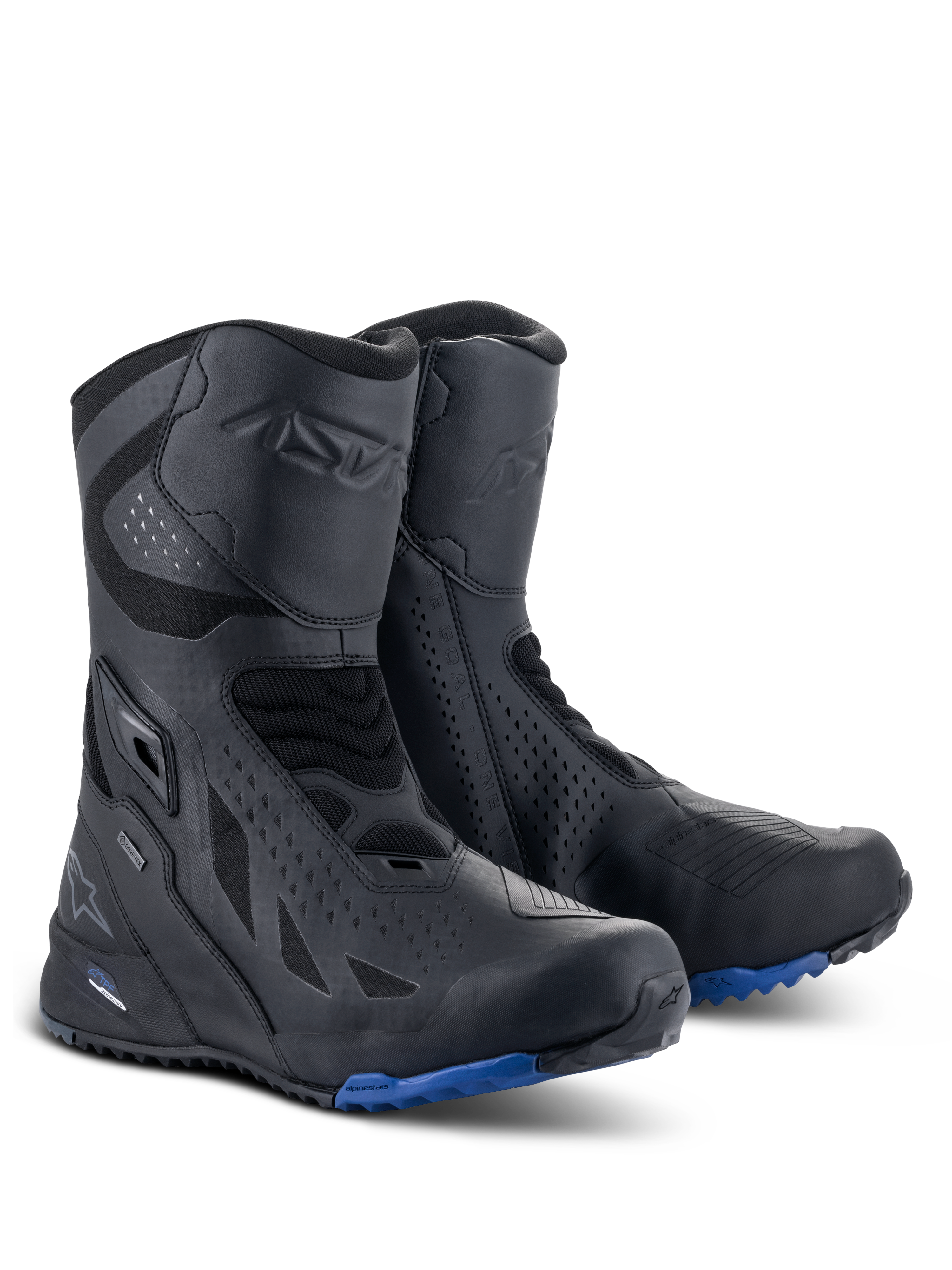 Buty Alpinestars RT-8 GORE-TEX, motocyklowe buty turystyczne, czarno-niebieskie, cholewka z technicznej mikrofibry i materiału syntetycznego, niebieska podeszwa z bieżnikiem zapewniająca przyczepność, wodoodporna konstrukcja GORE-TEX, ochrona goleni i pięty.