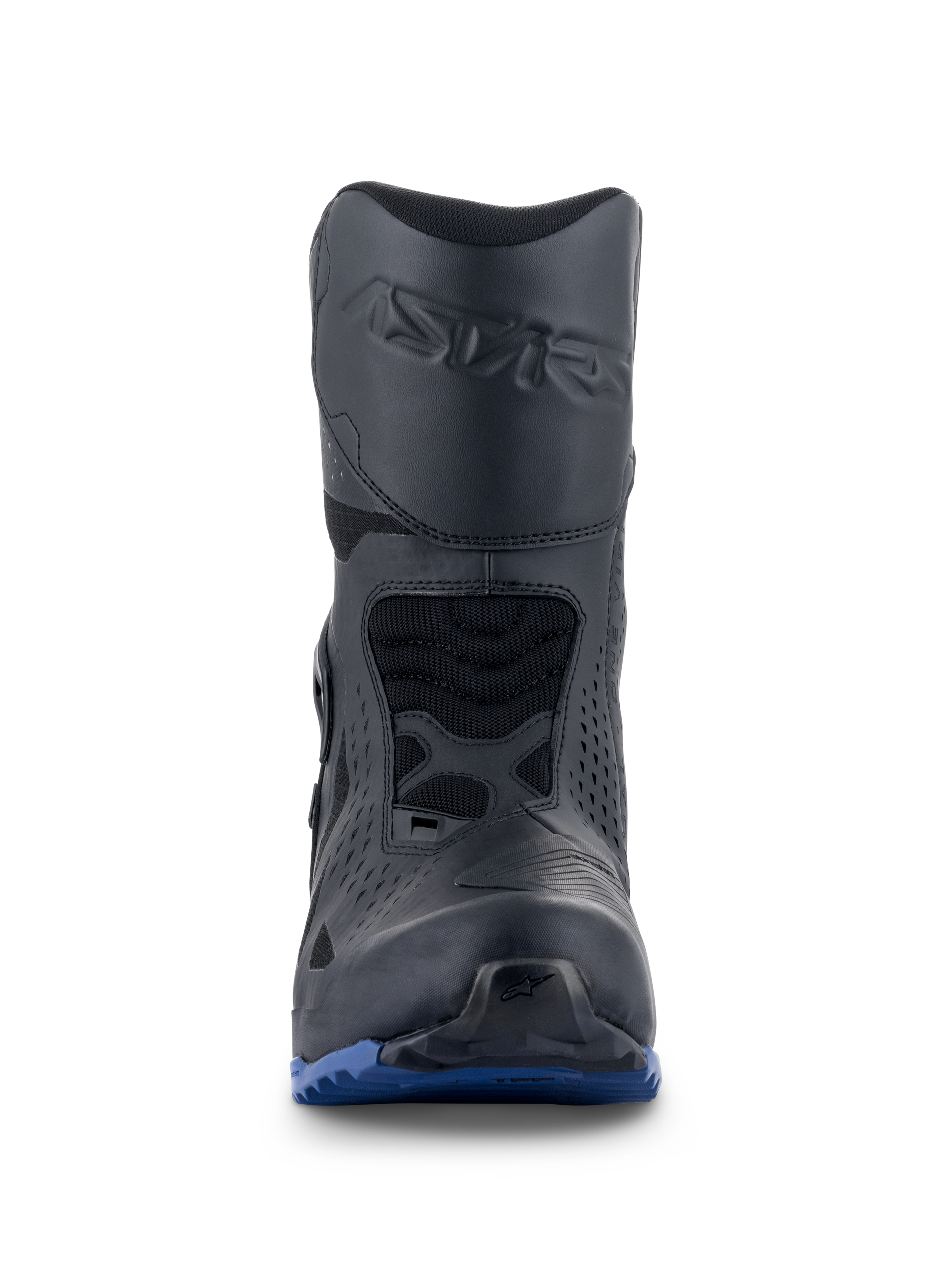 Buty Alpinestars RT-8 GORE-TEX, motocyklowe buty turystyczne, czarno-niebieskie, widok z przodu z wytłoczonym logo Astars na goleni, ochronnym wzmocnieniem pod dźwignię zmiany biegów oraz wytrzymałą niebieską podeszwą zapewniającą przyczepność w każdym terenie