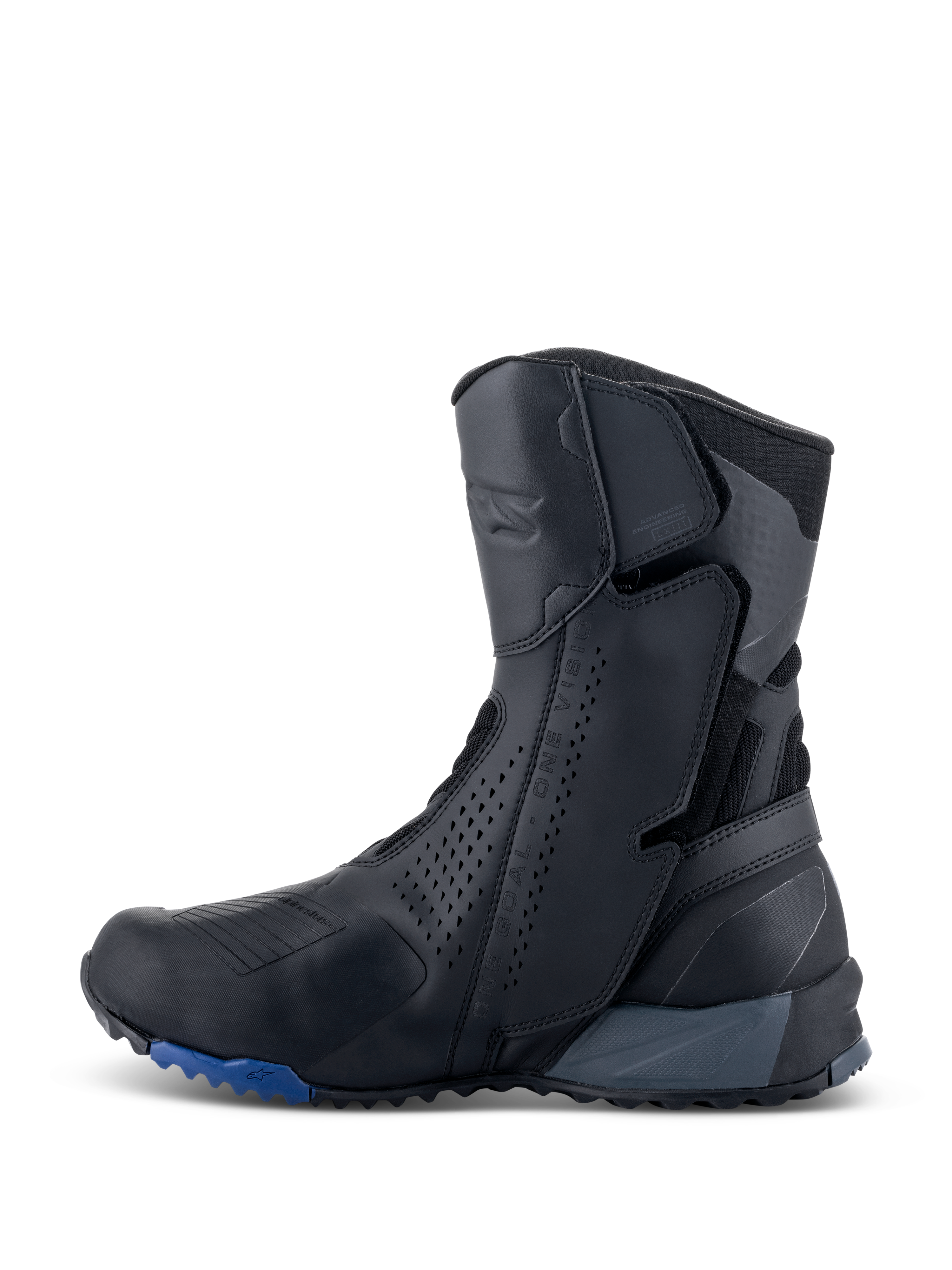 Buty Alpinestars RT-8 GORE-TEX, turystyczne buty motocyklowe, czarno-niebieskie, widok z boku, smukła cholewka z mikrofibry z perforowanymi panelami, zintegrowane strefy ochronne, wytrzymała podeszwa z niebieskimi akcentami