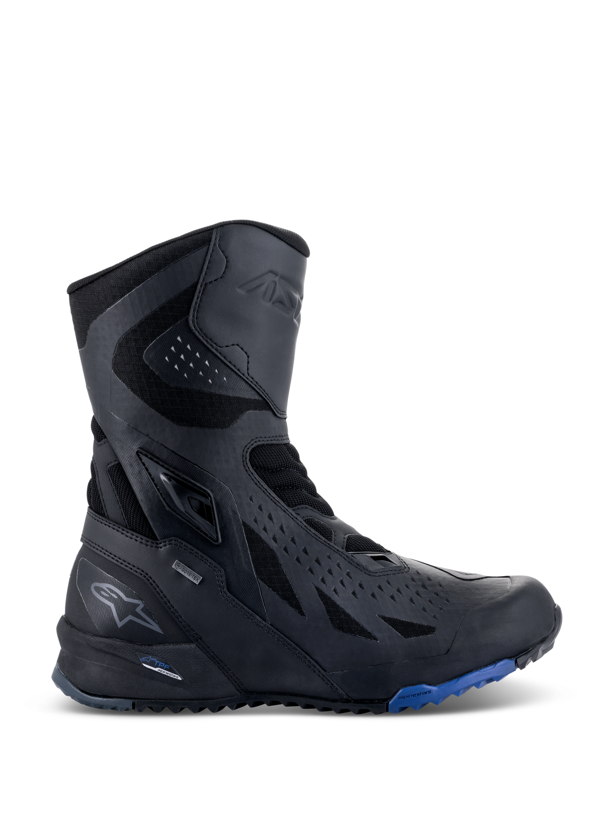 Buty Alpinestars RT-8 GORE-TEX, motocyklowe buty turystyczne, czarne z niebieskimi akcentami na podeszwie, wysoka techniczna konstrukcja z cholewką z mikrofibry i materiału tekstylnego, trójkątne perforacje, oznaczenie GORE-TEX i wytrzymała podeszwa