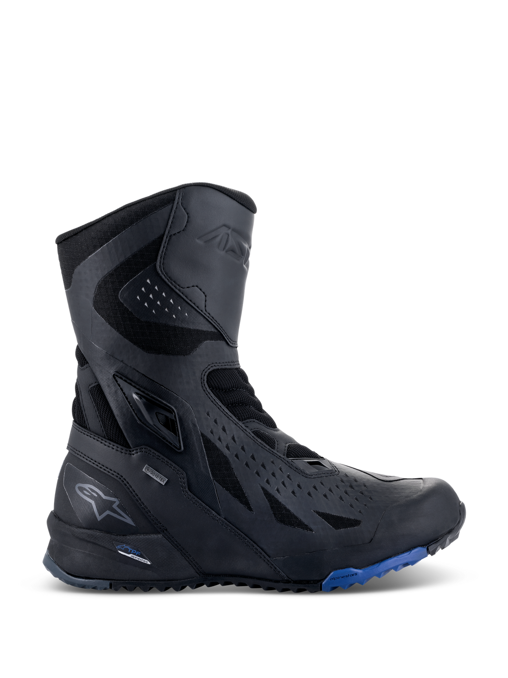 Buty Alpinestars RT-8 GORE-TEX, motocyklowe buty turystyczne, czarne z niebieskimi akcentami na podeszwie, wysoka techniczna konstrukcja z cholewką z mikrofibry i materiału tekstylnego, trójkątne perforacje, oznaczenie GORE-TEX i wytrzymała podeszwa
