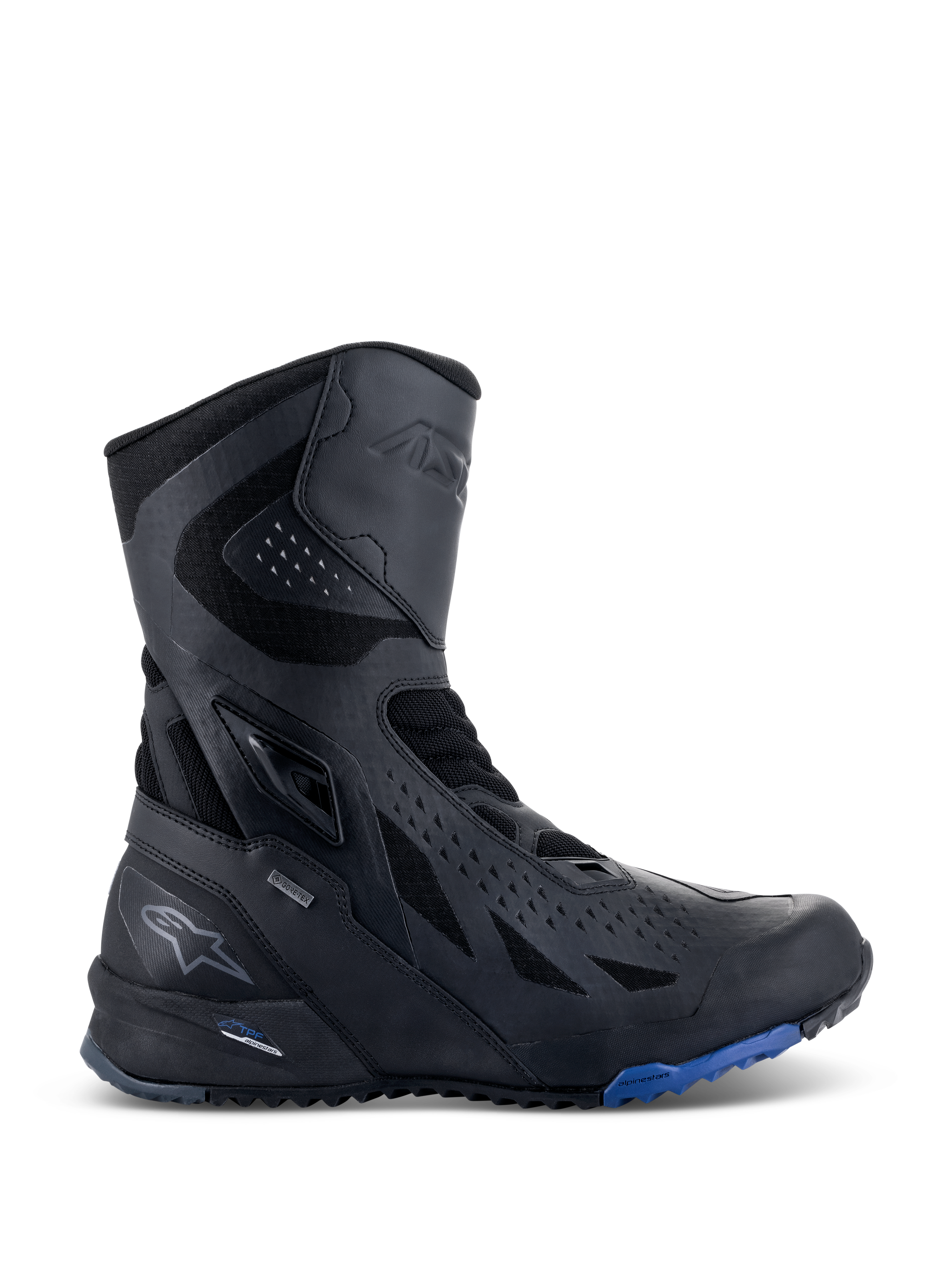 Buty Alpinestars RT-8 GORE-TEX, motocyklowe buty turystyczne, czarne z niebieskimi akcentami na podeszwie, wysoka techniczna konstrukcja z cholewką z mikrofibry i materiału tekstylnego, trójkątne perforacje, oznaczenie GORE-TEX i wytrzymała podeszwa