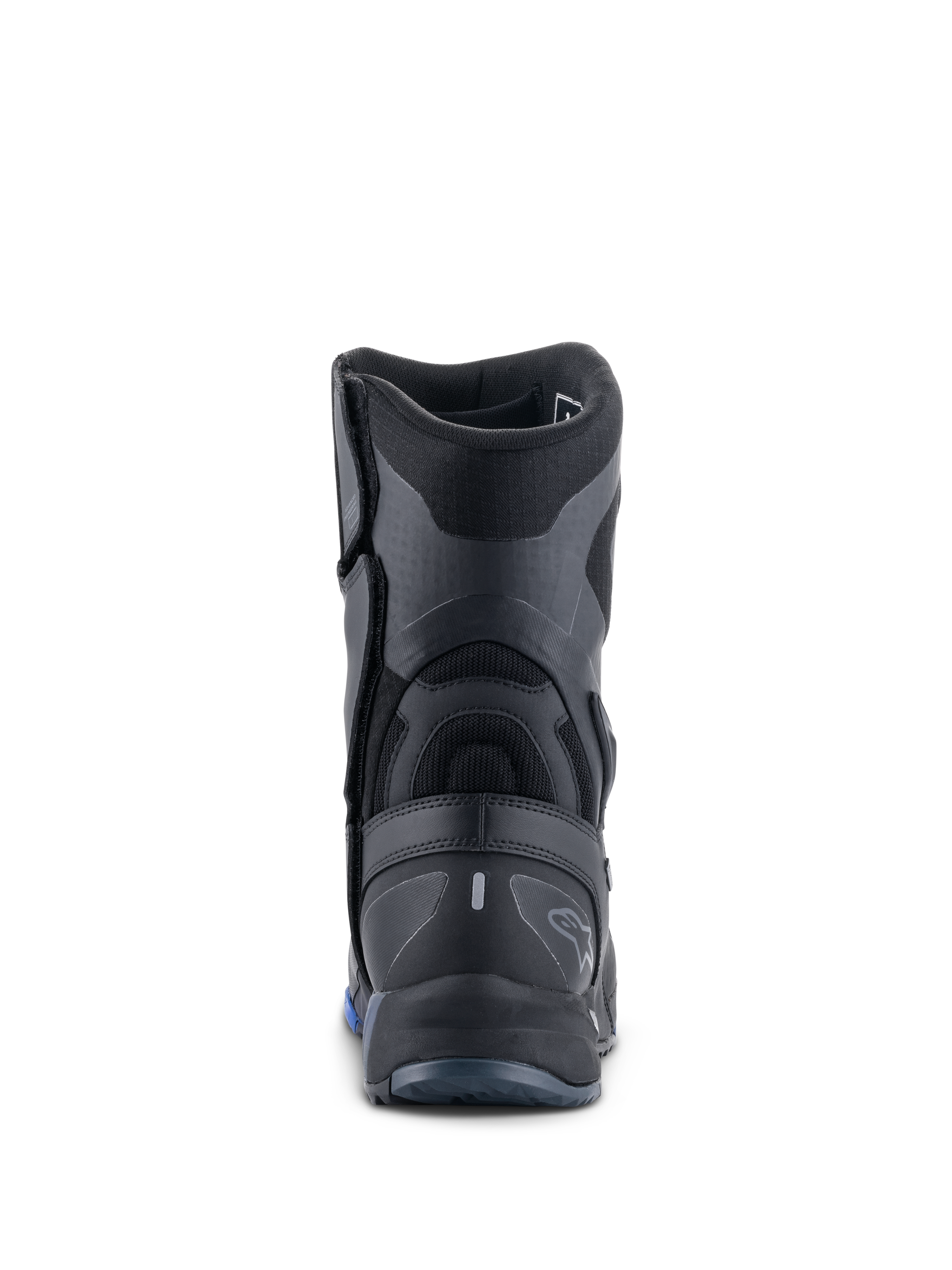 Buty Alpinestars RT-8 GORE-TEX, motocyklowe buty turystyczne, czarno-niebieskie, widok z tyłu eksponujący wzmocniony zapiętek, teksturowane panele syntetyczne oraz subtelne logo Alpinestars.