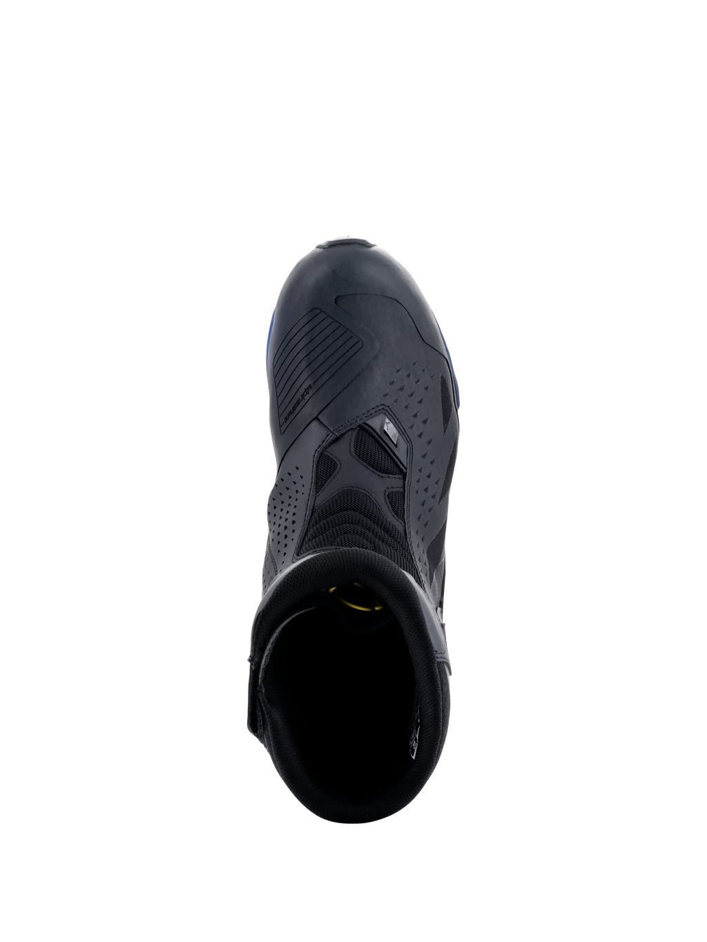 Buty Alpinestars RT-8 GORE-TEX, czarno-niebieskie, widok z góry pokazujący nakładkę na dźwignię zmiany biegów, perforowane panele z mikrofibry i niebieskie akcenty na podeszwie, techniczne wodoodporne turystyczne obuwie motocyklowe