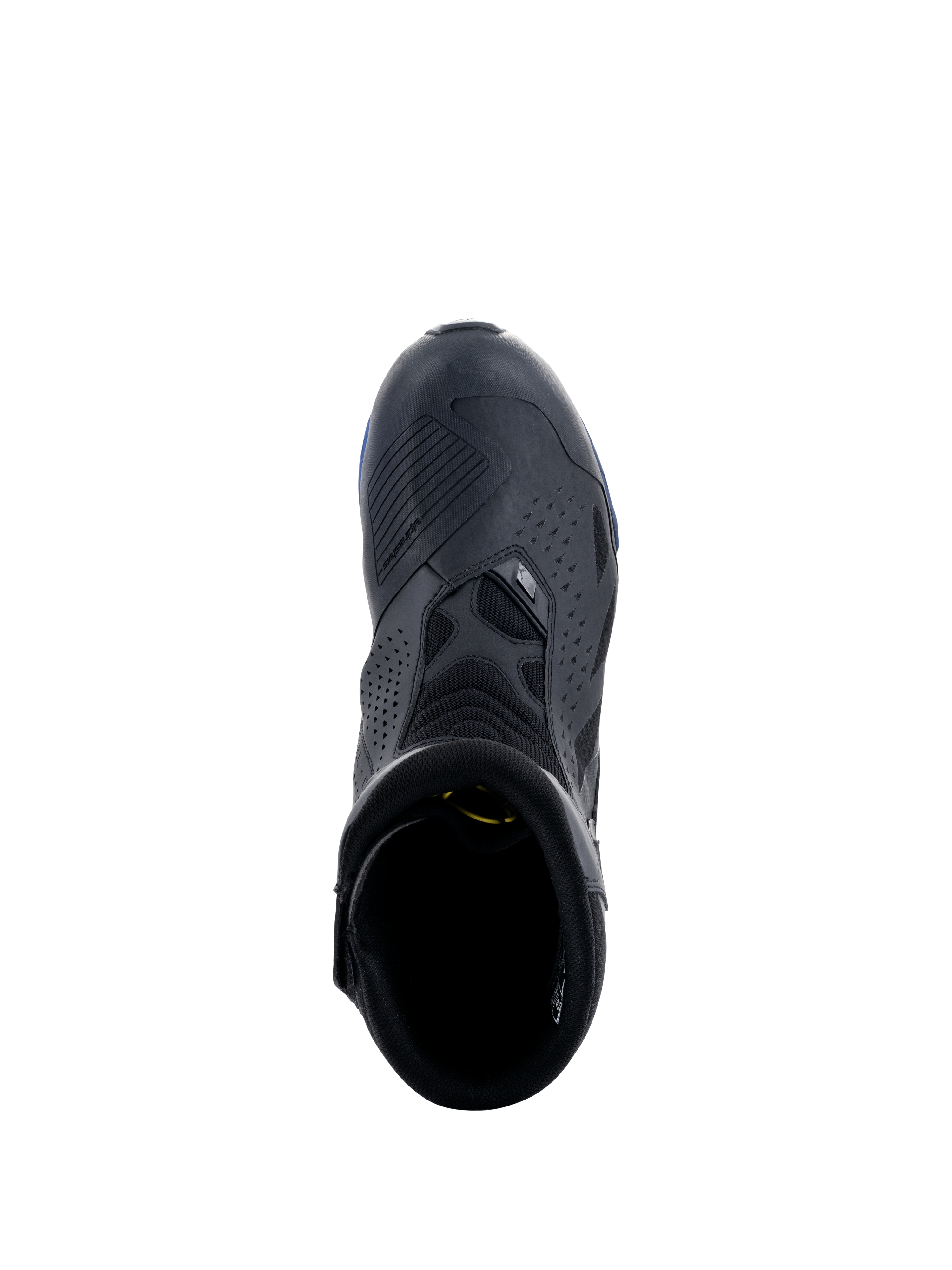 Buty Alpinestars RT-8 GORE-TEX, czarno-niebieskie, widok z góry pokazujący nakładkę na dźwignię zmiany biegów, perforowane panele z mikrofibry i niebieskie akcenty na podeszwie, techniczne wodoodporne turystyczne obuwie motocyklowe