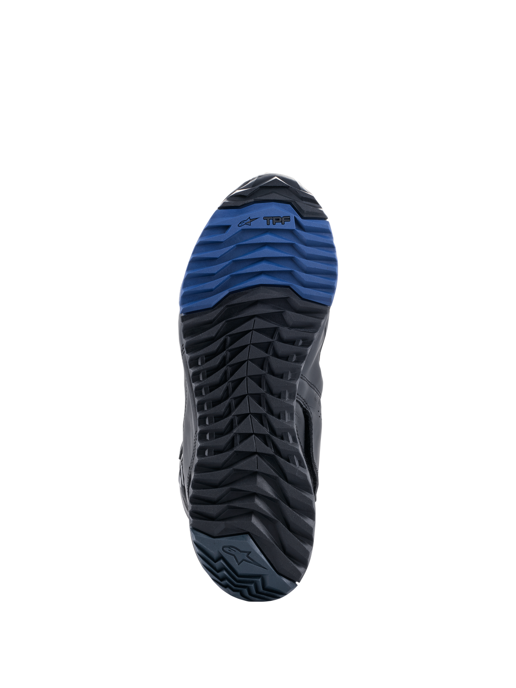 Buty Alpinestars RT-8 GORE-TEX, widok podeszwy, czarno-niebieska gumowa podeszwa zewnętrzna z wyraźnym bieżnikiem i logo TPF, zapewniająca przyczepność i komfort chodzenia w terenie adventure touring