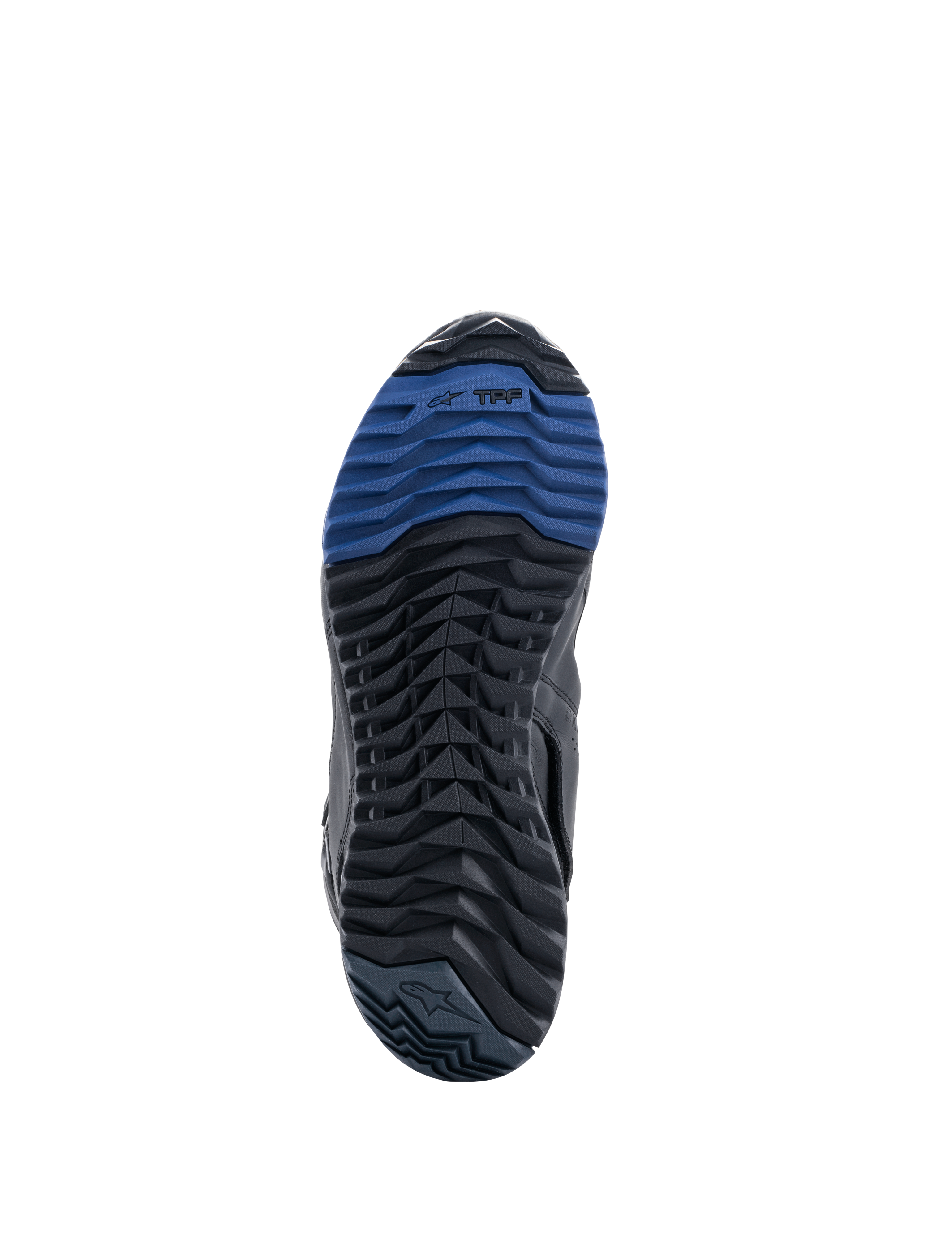 Buty Alpinestars RT-8 GORE-TEX, widok podeszwy, czarno-niebieska gumowa podeszwa zewnętrzna z wyraźnym bieżnikiem i logo TPF, zapewniająca przyczepność i komfort chodzenia w terenie adventure touring