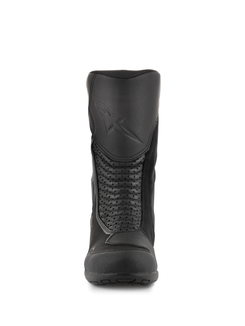 Alpinestars Air Plus V2 GORE-TEX Boots, motocyklowe buty turystyczne, czarne, widok z przodu ukazujący formowany ochraniacz goleni z wytłoczonym logo, perforowane skórzane panele akordeonowe oraz oddychające wstawki z siatki