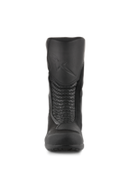 Alpinestars Air Plus V2 GORE-TEX Boots, motocyklowe buty turystyczne, czarne, widok z przodu ukazujący formowany ochraniacz goleni z wytłoczonym logo, perforowane skórzane panele akordeonowe oraz oddychające wstawki z siatki