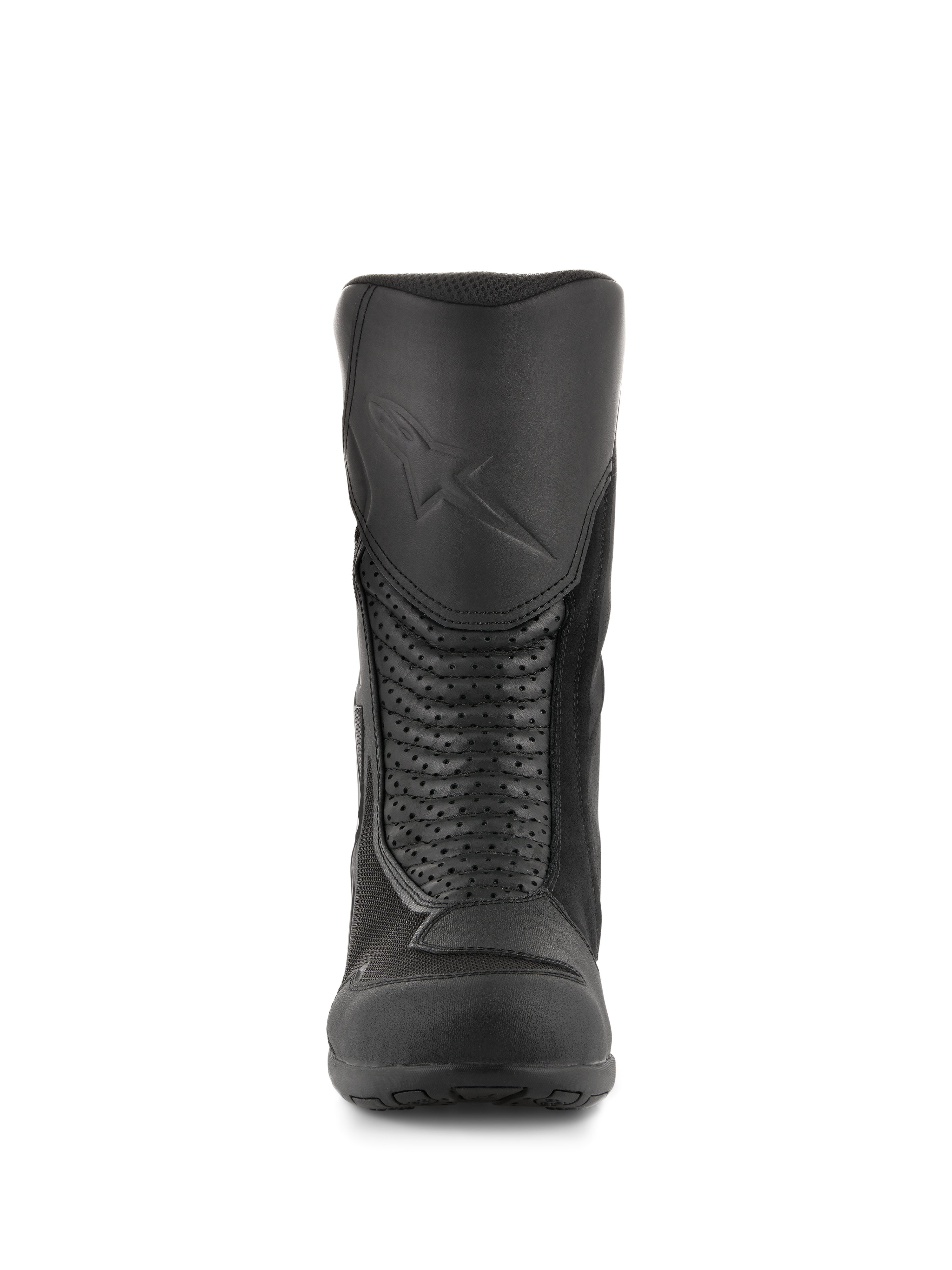 Alpinestars Air Plus V2 GORE-TEX Boots, motocyklowe buty turystyczne, czarne, widok z przodu ukazujący formowany ochraniacz goleni z wytłoczonym logo, perforowane skórzane panele akordeonowe oraz oddychające wstawki z siatki