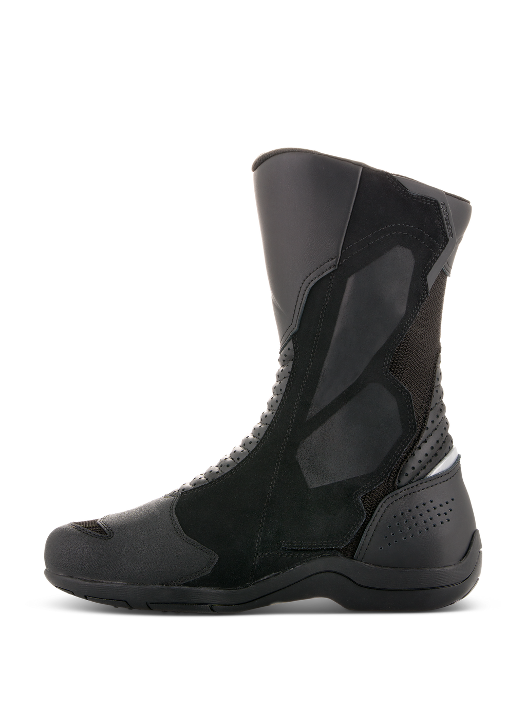 Buty Alpinestars Air Plus V2 GORE-TEX, motocyklowe buty turystyczne, czarne, widok z boku, wielomateriałowa konstrukcja z panelami z wentylowanej siatki i skóry, wysoka cholewka ze wzmocnioną ochroną goleni i pięty, do jazdy w każdych warunkach pogodowych