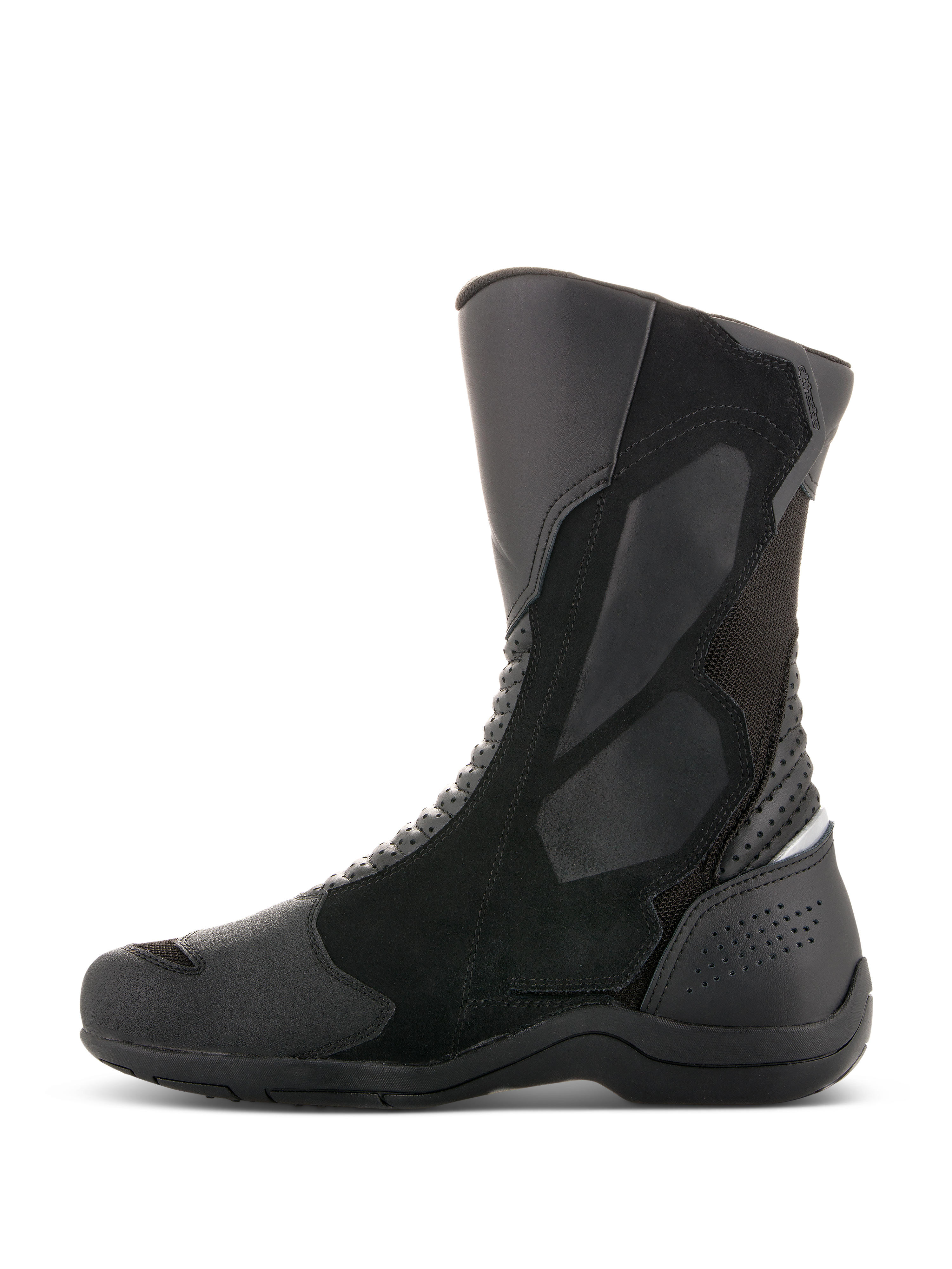 Buty Alpinestars Air Plus V2 GORE-TEX, motocyklowe buty turystyczne, czarne, widok z boku, wielomateriałowa konstrukcja z panelami z wentylowanej siatki i skóry, wysoka cholewka ze wzmocnioną ochroną goleni i pięty, do jazdy w każdych warunkach pogodowych