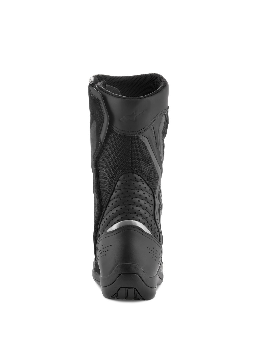 Alpinestars Air Plus V2 GORE-TEX Boots, buty motocyklowe turystyczne, czarne, widok z tyłu przedstawiający obszar pięty i łydki, ze srebrną wstawką odblaskową, perforowanymi skórzanymi panelami akordeonowymi i oddychającą konstrukcją z siatki