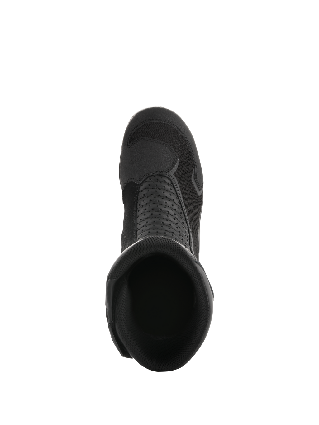 Buty Alpinestars Air Plus V2 GORE-TEX, czarne, widok z góry na otwór buta, oddychająca konstrukcja z siatki, perforowane panele skórzane, opływowy design do turystyki motocyklowej
