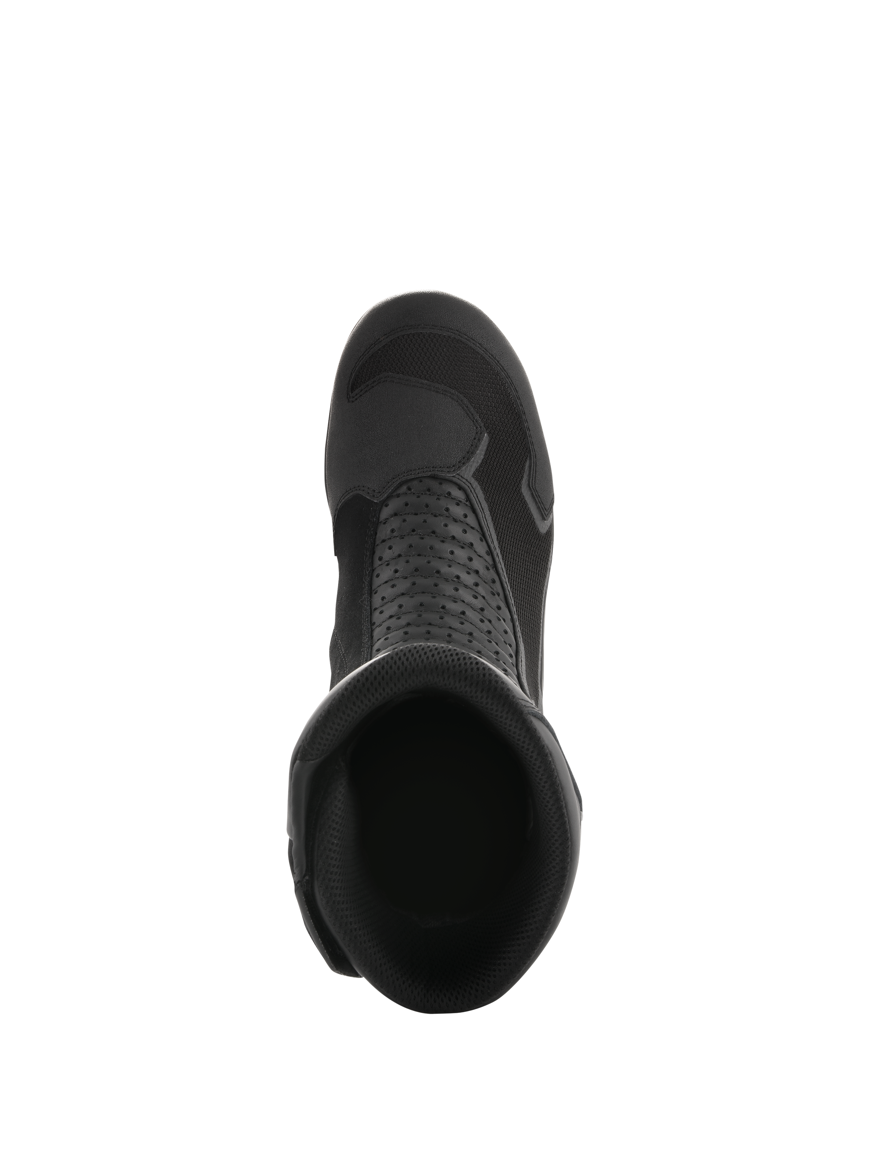 Buty Alpinestars Air Plus V2 GORE-TEX, czarne, widok z góry na otwór buta, oddychająca konstrukcja z siatki, perforowane panele skórzane, opływowy design do turystyki motocyklowej