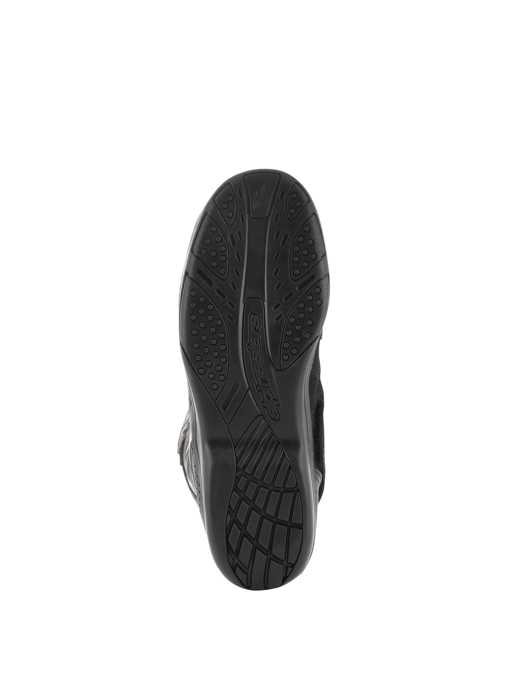 Alpinestars Air Plus V2 GORE-TEX Boots, motocyklowe buty turystyczne, czarne, widok na podeszwę pokazujący ekskluzywny wzór bieżnika z mieszanki gumy dla zapewnienia przyczepności i komfortu, widoczne logo Alpinestars
