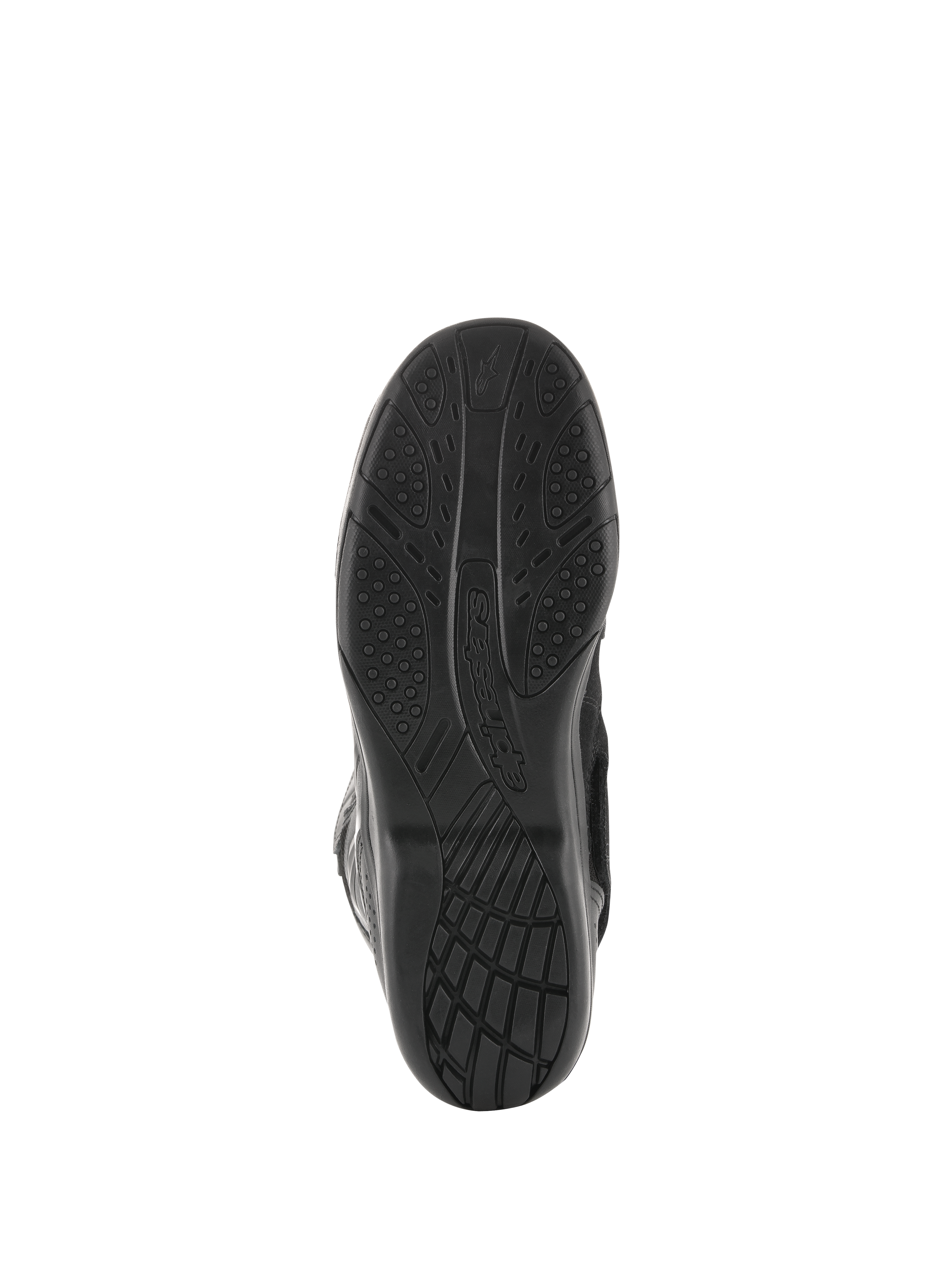 Alpinestars Air Plus V2 GORE-TEX Boots, motocyklowe buty turystyczne, czarne, widok na podeszwę pokazujący ekskluzywny wzór bieżnika z mieszanki gumy dla zapewnienia przyczepności i komfortu, widoczne logo Alpinestars