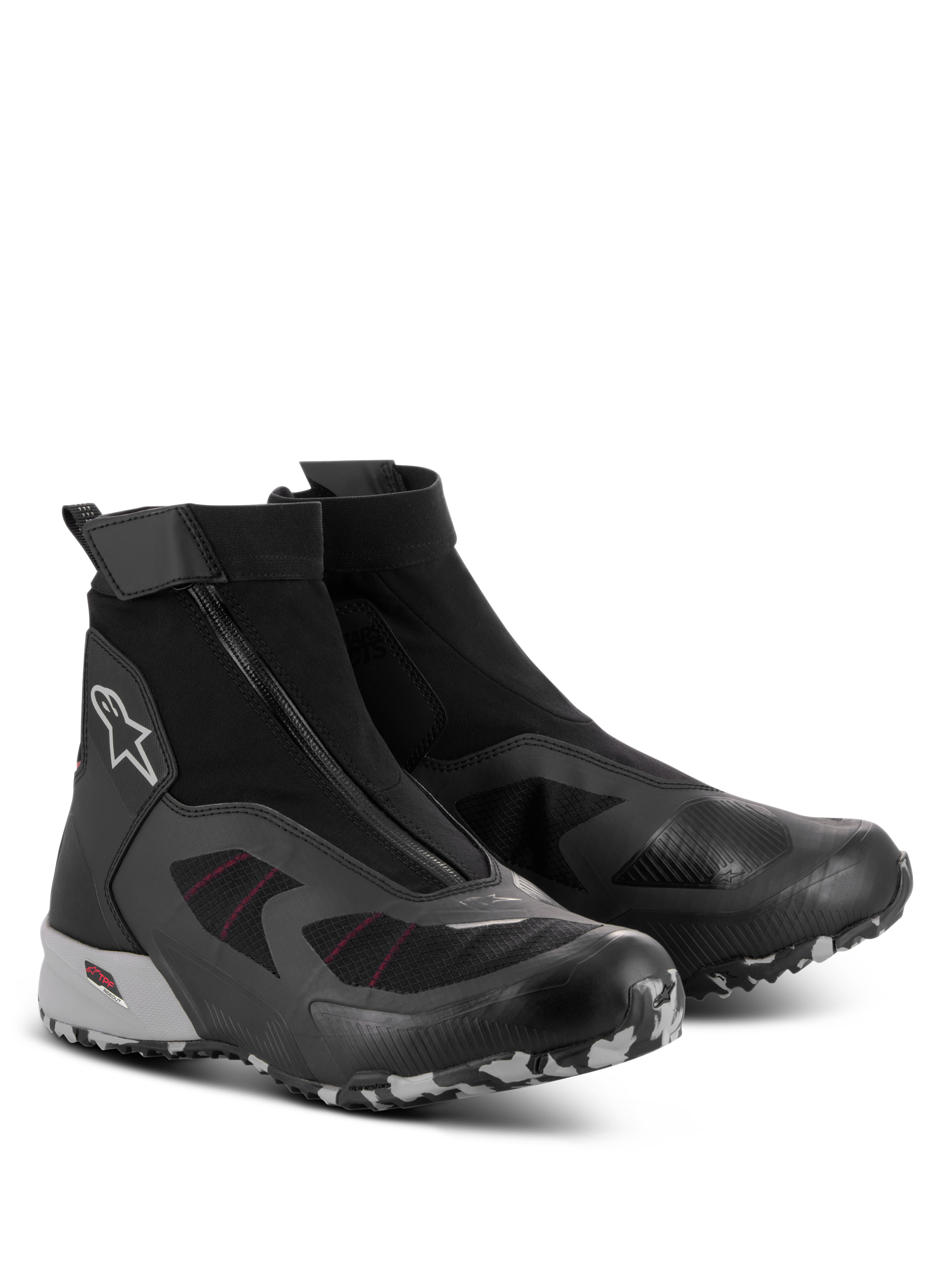 Alpinestars CR-8 GORE-TEX Shoes, Waterproof Motorcycle Riding Shoes, Black Mid Gray and Bright Red, featuring an angled zipper, high-cut stretch bootie construction, and durable lugged sole with camouflage pattern
