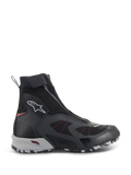 Alpinestars CR-8 GORE-TEX Shoes, Waterproof Motorcycle Riding Boots, Black and Mid Gray with Bright Red accents, high-top design with an angled front zipper, seamless textile construction, and a rugged gray and white marbled sole.