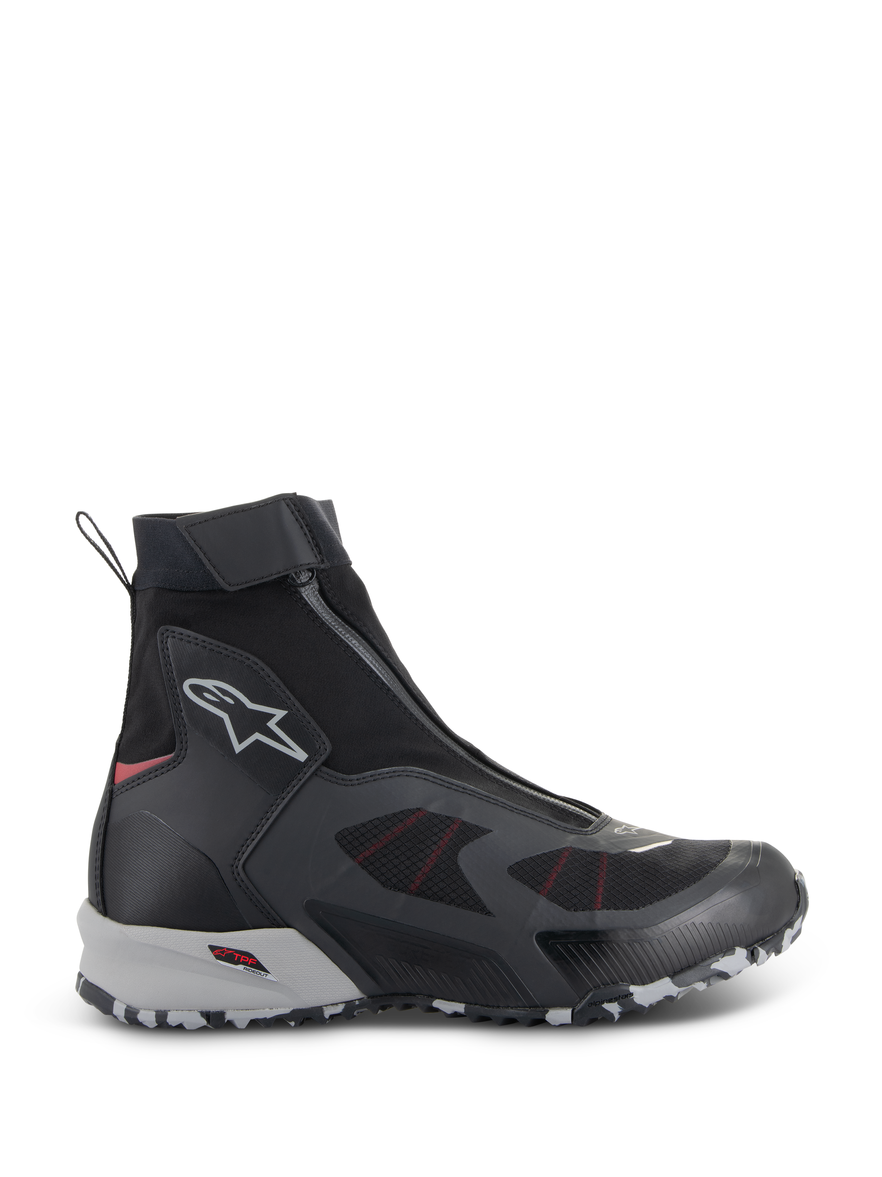 Alpinestars CR-8 GORE-TEX Shoes, Waterproof Motorcycle Riding Boots, Black and Mid Gray with Bright Red accents, high-top design with an angled front zipper, seamless textile construction, and a rugged gray and white marbled sole.