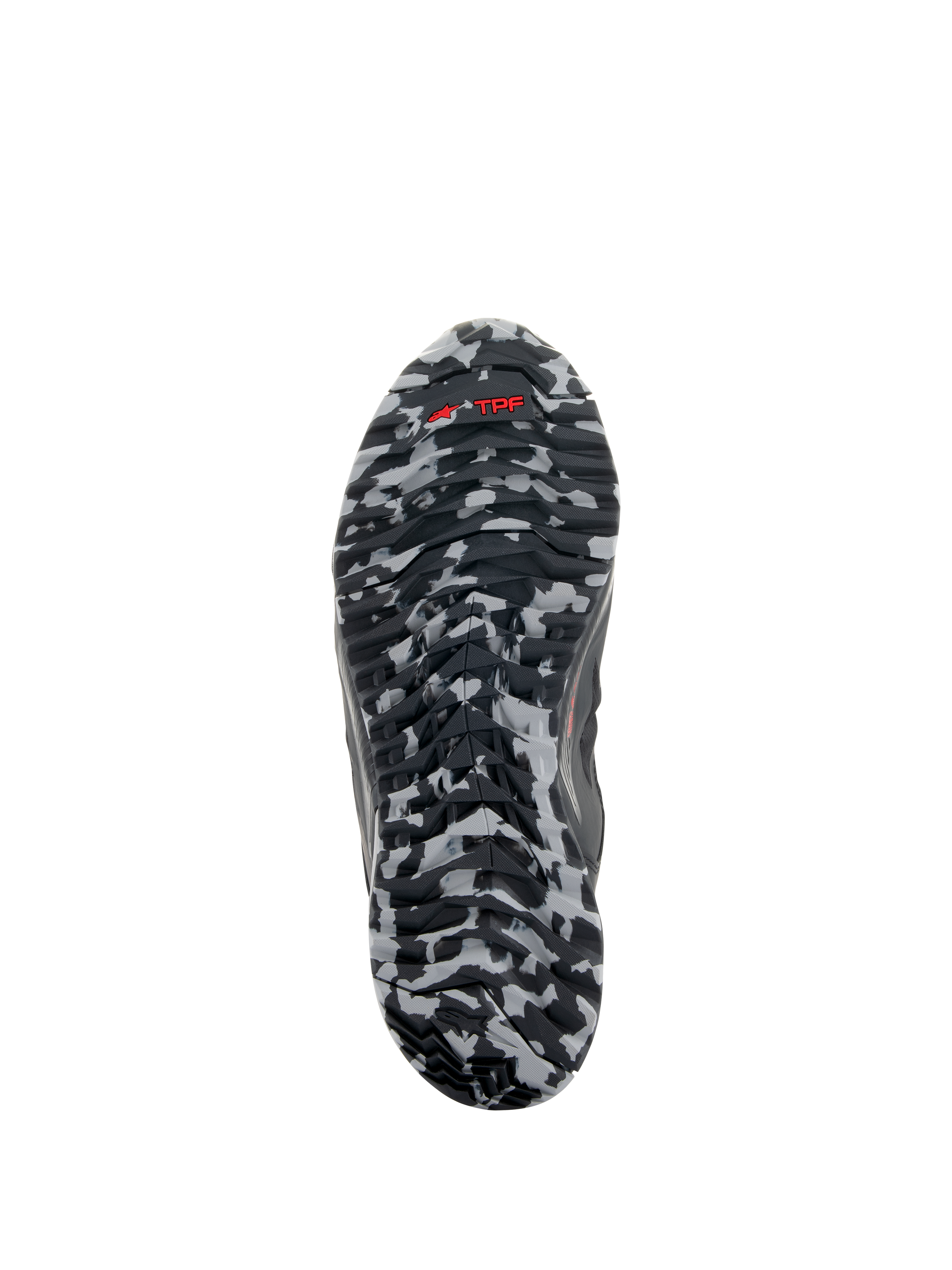 Alpinestars CR-8 GORE-TEX Shoes, Outsole View, Black and Mid Gray Camouflage pattern, Red TPF logo on textured rubber sole, waterproof touring footwear detail