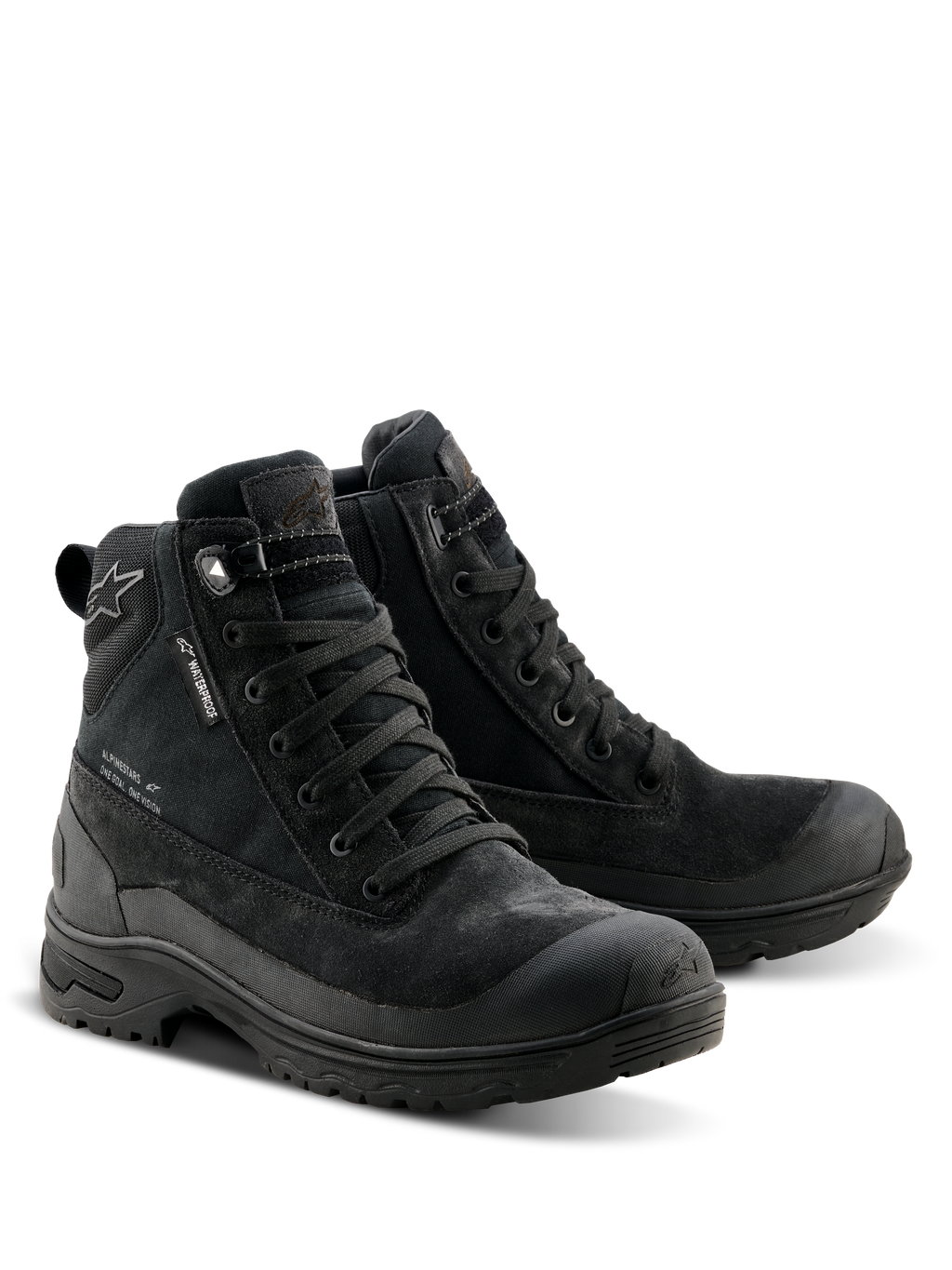 Alpinestars Woman Judy Waterproof Boots, czarne buty motocyklowe, design inspirowany butami bojowymi ze sznurowanym zapięciem, metka waterproof, konstrukcja z zamszu i materiału tekstylnego, wytrzymała gumowa podeszwa zapewniająca komfort jazdy i chodzenia
