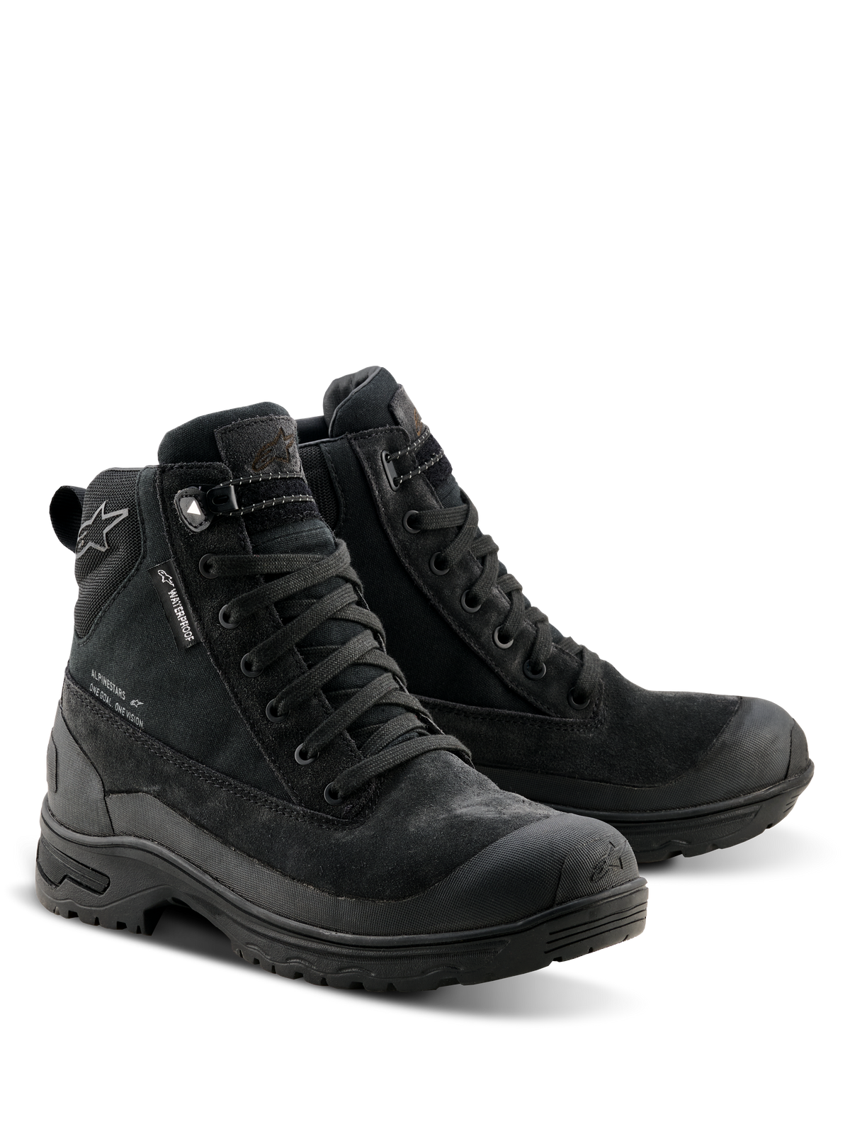 Alpinestars Woman Judy Waterproof Boots, czarne buty motocyklowe, design inspirowany butami bojowymi ze sznurowanym zapięciem, metka waterproof, konstrukcja z zamszu i materiału tekstylnego, wytrzymała gumowa podeszwa zapewniająca komfort jazdy i chodzenia