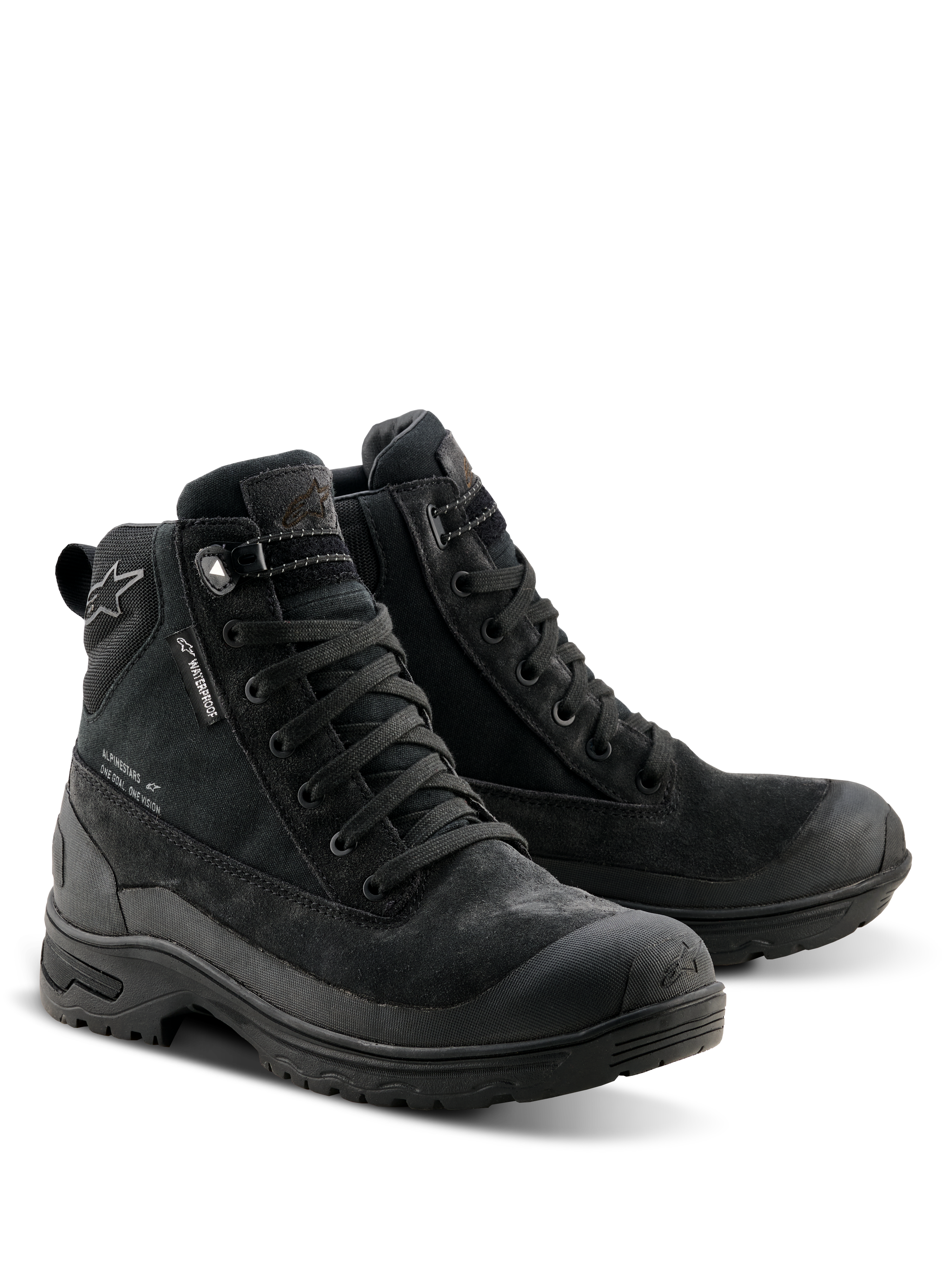 Alpinestars Woman Judy Waterproof Boots, czarne buty motocyklowe, design inspirowany butami bojowymi ze sznurowanym zapięciem, metka waterproof, konstrukcja z zamszu i materiału tekstylnego, wytrzymała gumowa podeszwa zapewniająca komfort jazdy i chodzenia